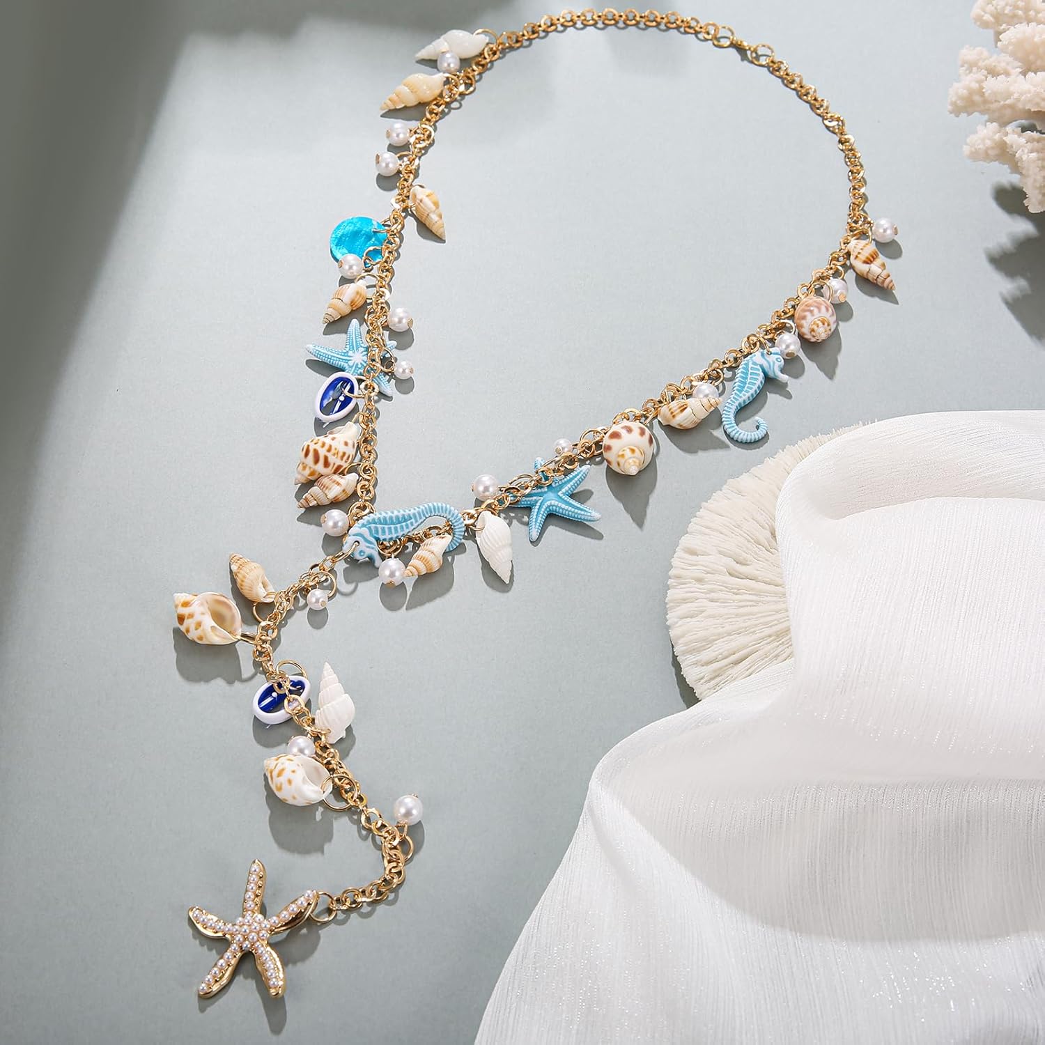 Shell Starfish Necklace, Conch Statement Chunky Y Necklace Mermaid Costume Jewelry Beach Jewelry for Women - Image 4