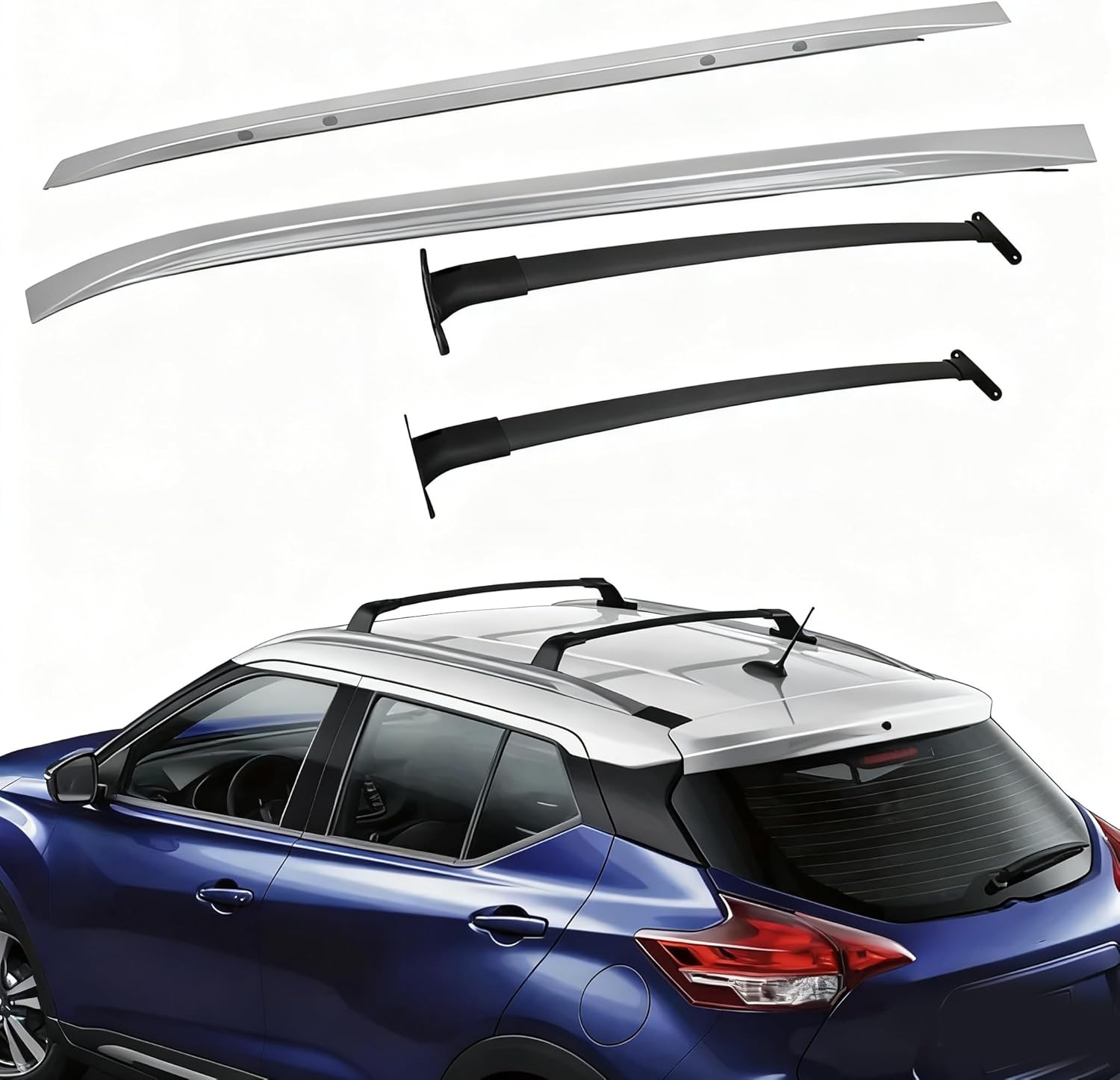 Roof Rack Cross Bars fit for Nissan Kicks 2017-2023 | 2Pcs Black Aluminum Rooftop Cargo Crossbar Carrier Side Rail Bar Rack Rail, No Drilling Required (Black Crossbar&Silver Roof Rail)