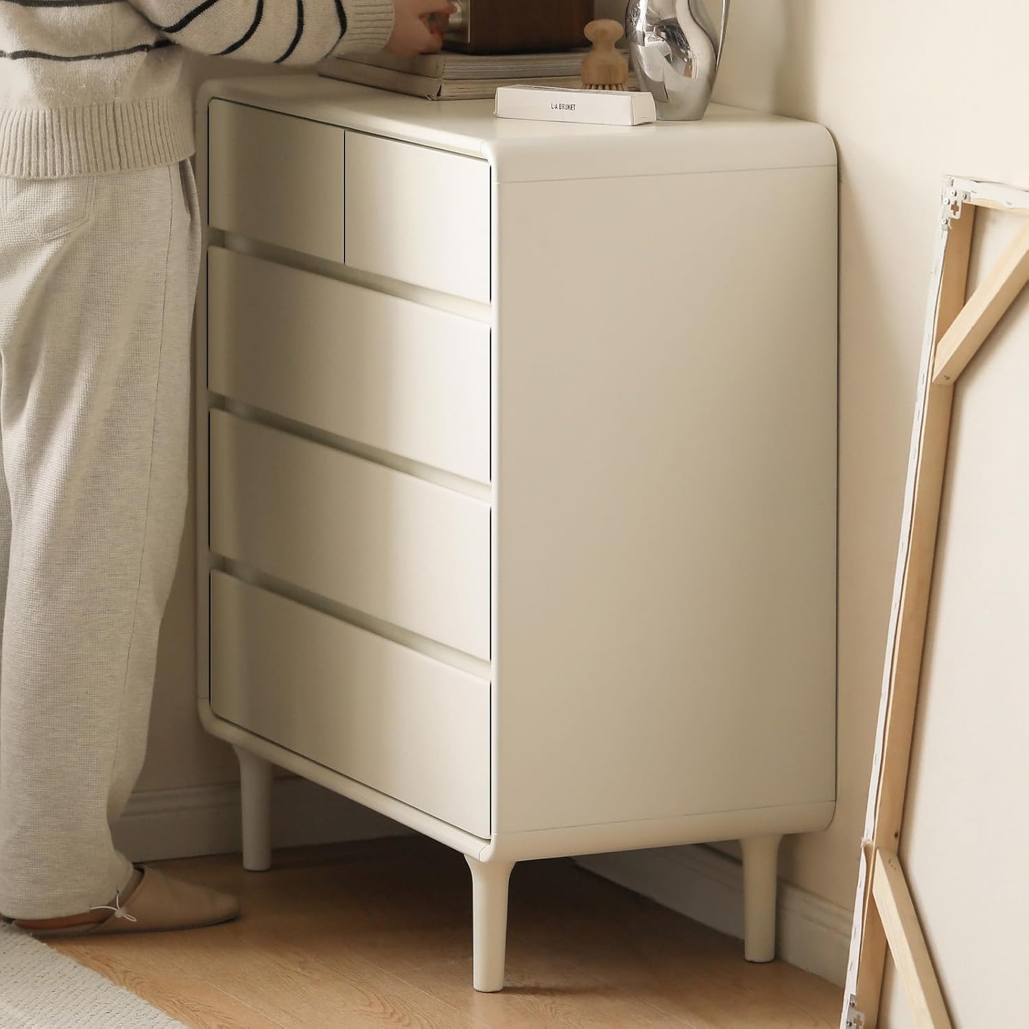 Solid Wood Nightstand, 5 Drawer Dresser for Bedroom, Rubber Wood Storage Organizer, Modern Chest of Drawers for Living Room, Hallway, Closet, White (32" W x 15.75" D x 36" H)