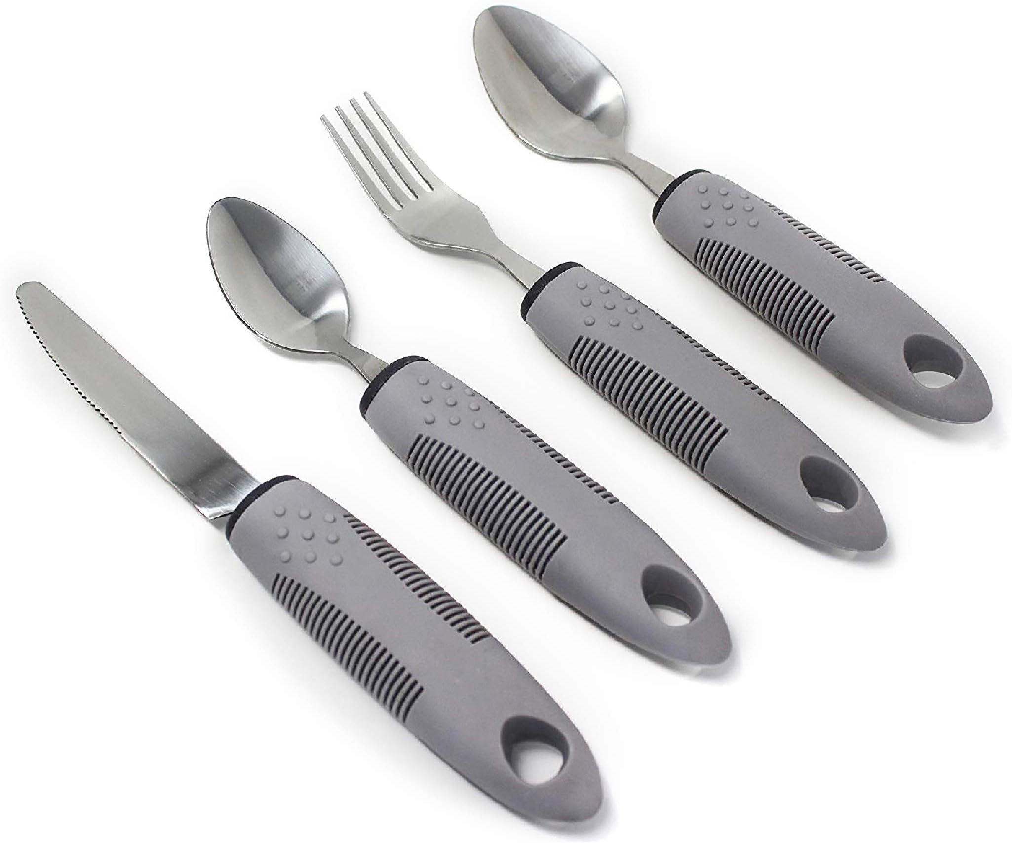 BodyHealt Easy Grip Adaptive Utensils - 4pcs Weighted Flatware for Elderly & Handicap. Weighted Utensils Set with Non-Slip Ribbed Handles for Arthritis, Parkinsons Aids & Stroke Recovery Equipment.