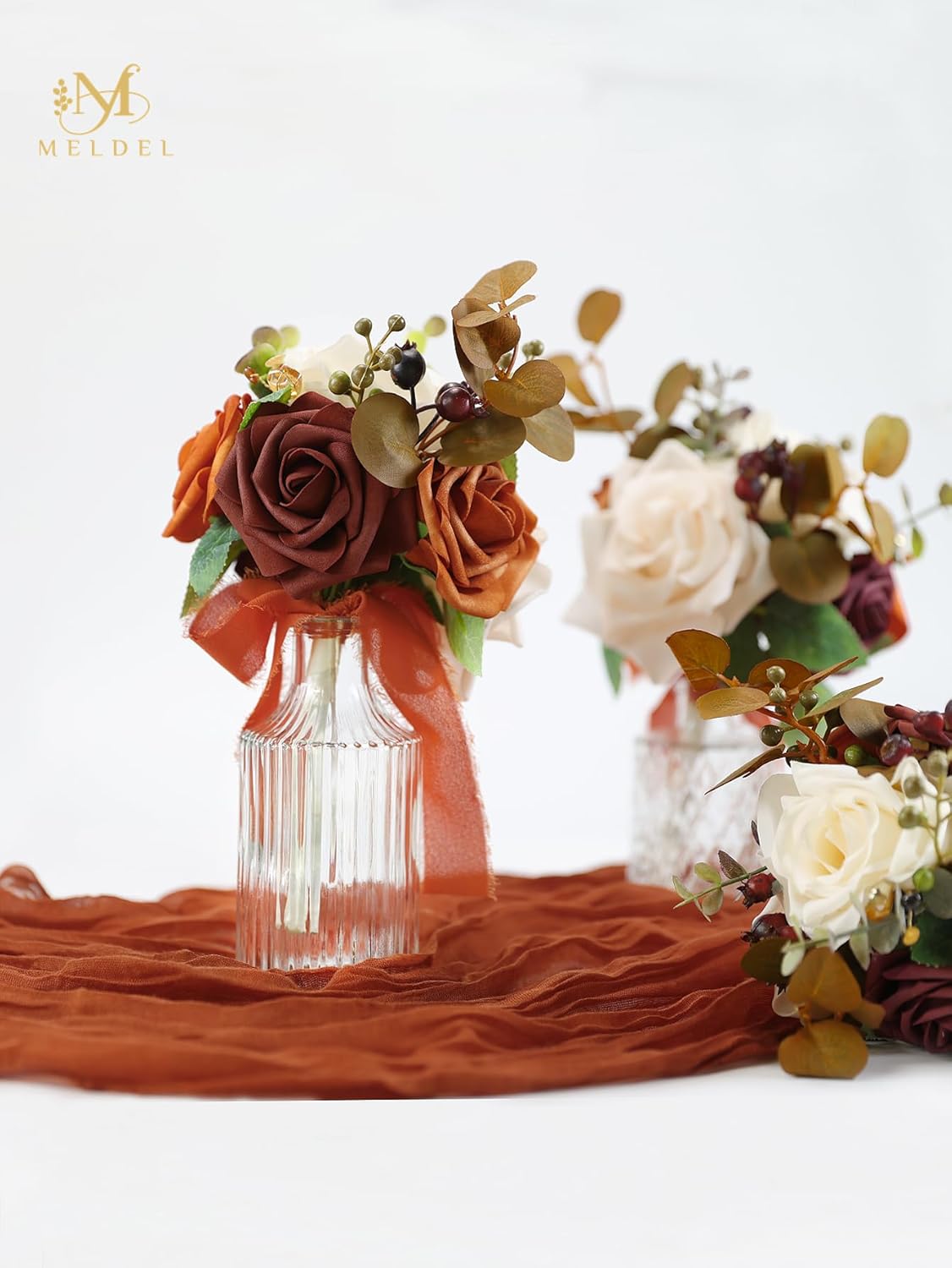 Meldel Burnt Orange Wedding Bouquet Centerpieces Flowers Mini Bridesmaid Bouquets Set of 6 Terracotta Table Decor Pre-Made Small Floral Fall Wedding Decorations