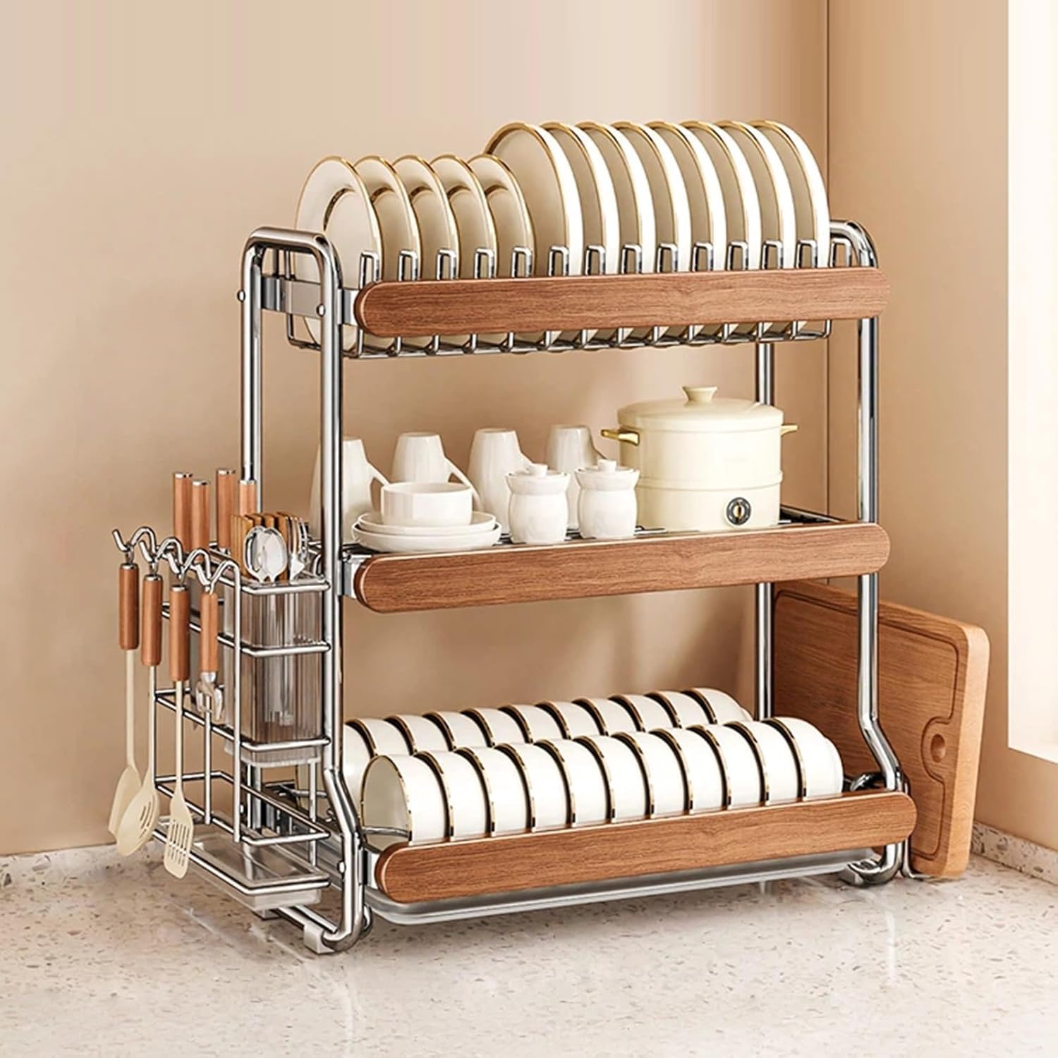 Kitchen nizer Égouttoir à vaisselle en bois 2/3 étages avec support amovible en acier et ensemble de couverts inclus