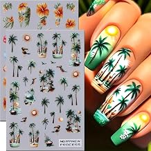 2 Sheets Summer Nail Art Stickers Decals Coconut Tree Nail Stickers Self-Adhesive Sunset Beach Nail Art Decals Flamingos Toucan Nail Supplies Spring Flower Manicure Sliders for Women Nails Decoration