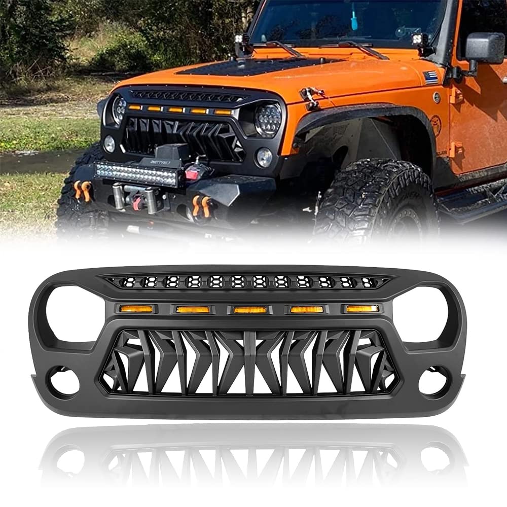 Photo 1 of Shark Front Grill Mesh Grille Cover Matte Black Compatible for Jeep Wrangler JK JKU Unlimited Rubicon Sahara Sport with Amber LED Running Lights with Mesh Inserts 2007-2018