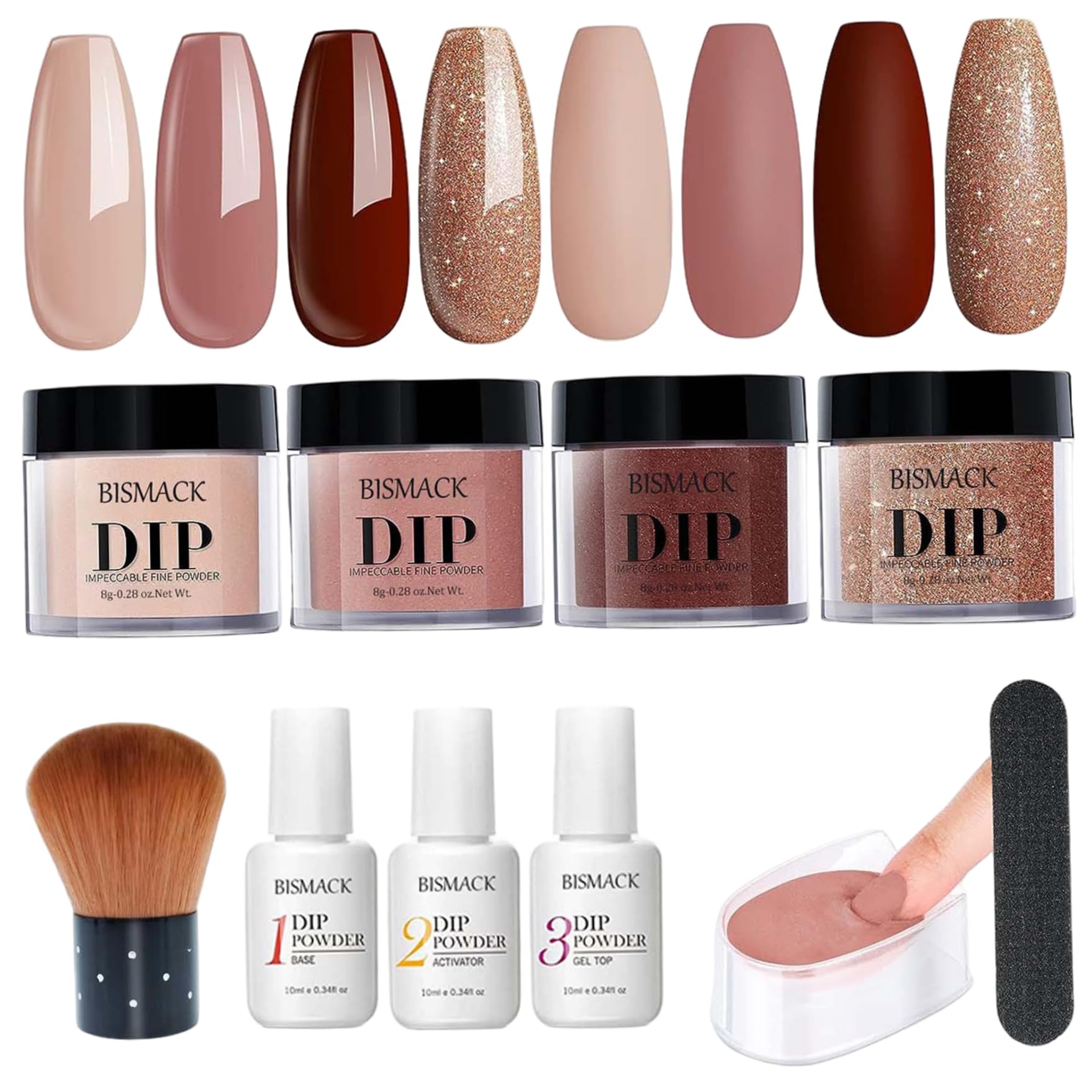 Kit de poudre de trempette 10pcs / ensemble, poudre trempette à 4 couleurs avec activateur base / couche finition, kits d'ongles pour bricolage, marron