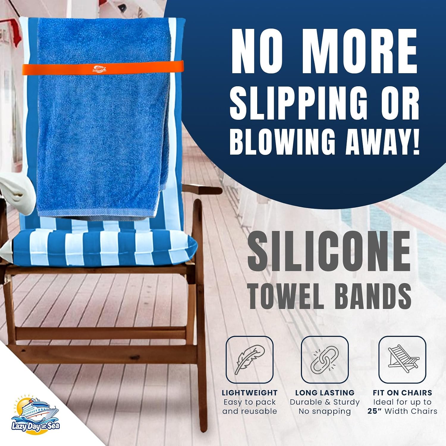 Towel Bands (6-Pack) for Beach & Pool Chairs – Extra Durable, No Snapping, Holds Towels Secure on Outdoor & Cruise Lounge Chairs, Includes Storage Bag