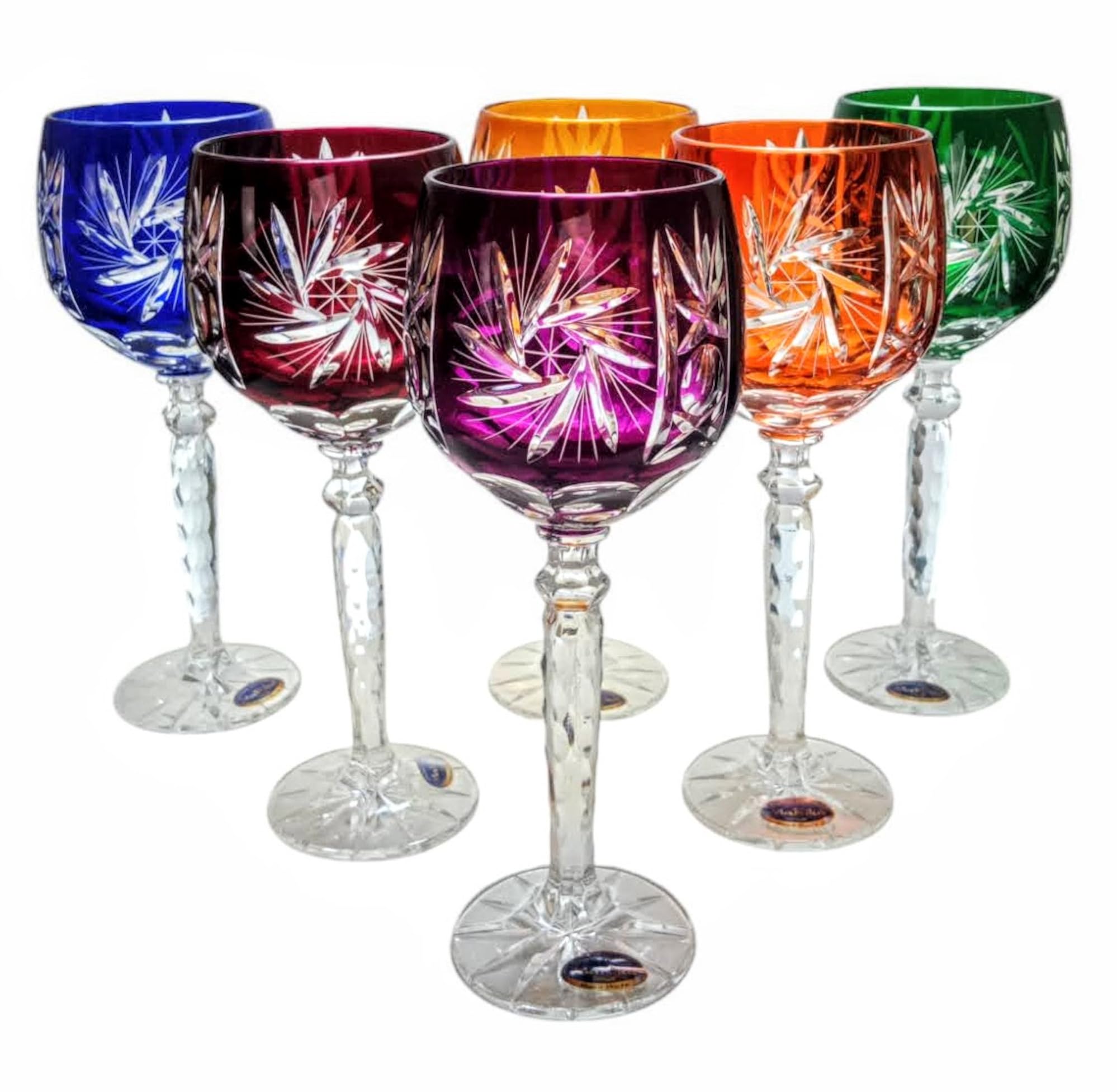 MaRika Lot de 6 verres à vin en cristal, 280 ml, multicolores, faits à la main, parfaits pour le vin rouge et le vin blanc, idée cadeau