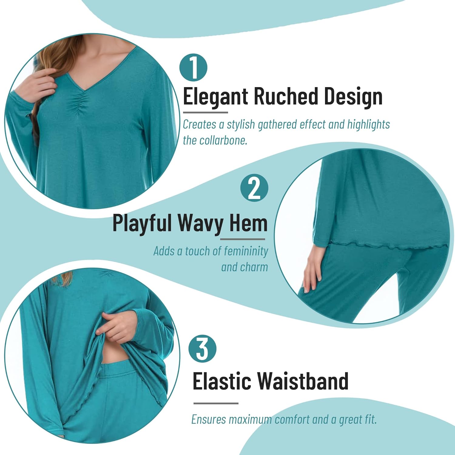 Women's Soft Knit Pajamas Set V-Neck Top and Pants Long Sleeve Two Piece Loungewear Elegant Wavy Hem Sleepwear - Image 5