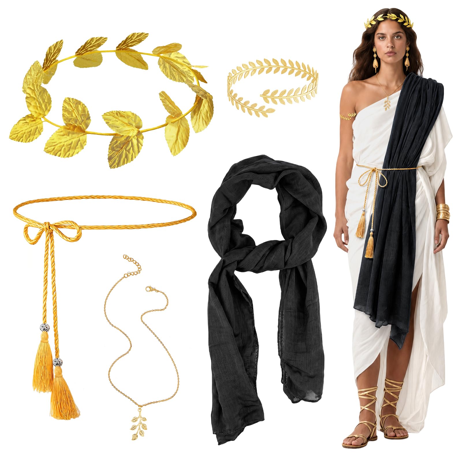 5 Pcs Greek Goddess Costume Accessories Set for Women Girls, Ancient Roman Toga Fancy Dress with Belt Red Sash Golden Leaf Headpiece Bracelet Necklace for Party Bridal Wedding Halloween (Black)