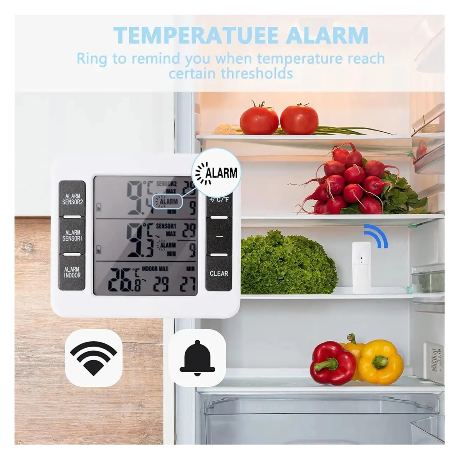 Thermomètre De Réfrigérateur LCD, Alarme Sonore Numérique, Compteur De Réfrigérateur Avec 2 Capteurs De Température, Affichage Min/Max, Intérieur Et Extérieur Moniteur Précis