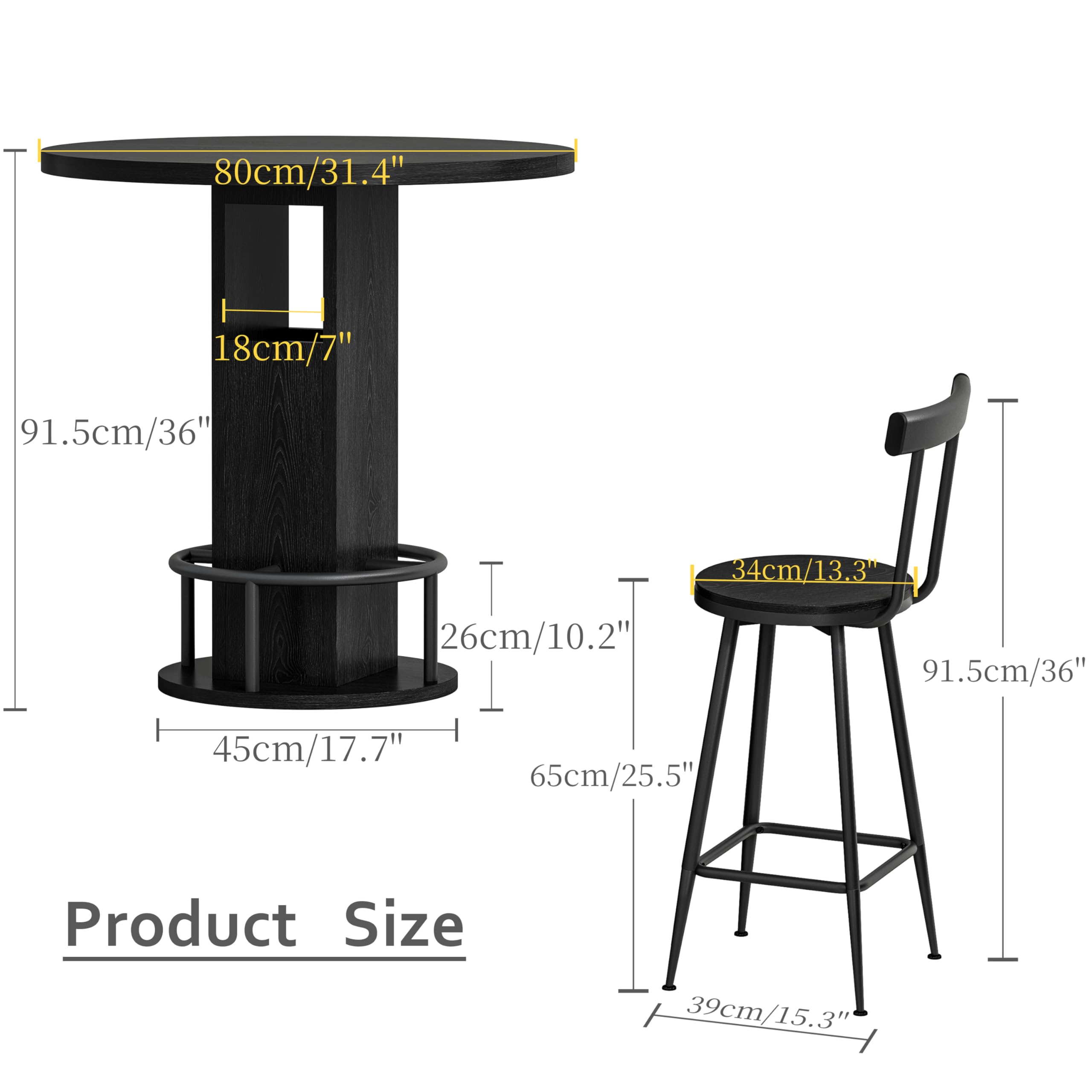 Set Tavolo da Bar con 2 Sgabelli in Legno e Metallo, Cucina e Bar, Nero, 3 Pezzi