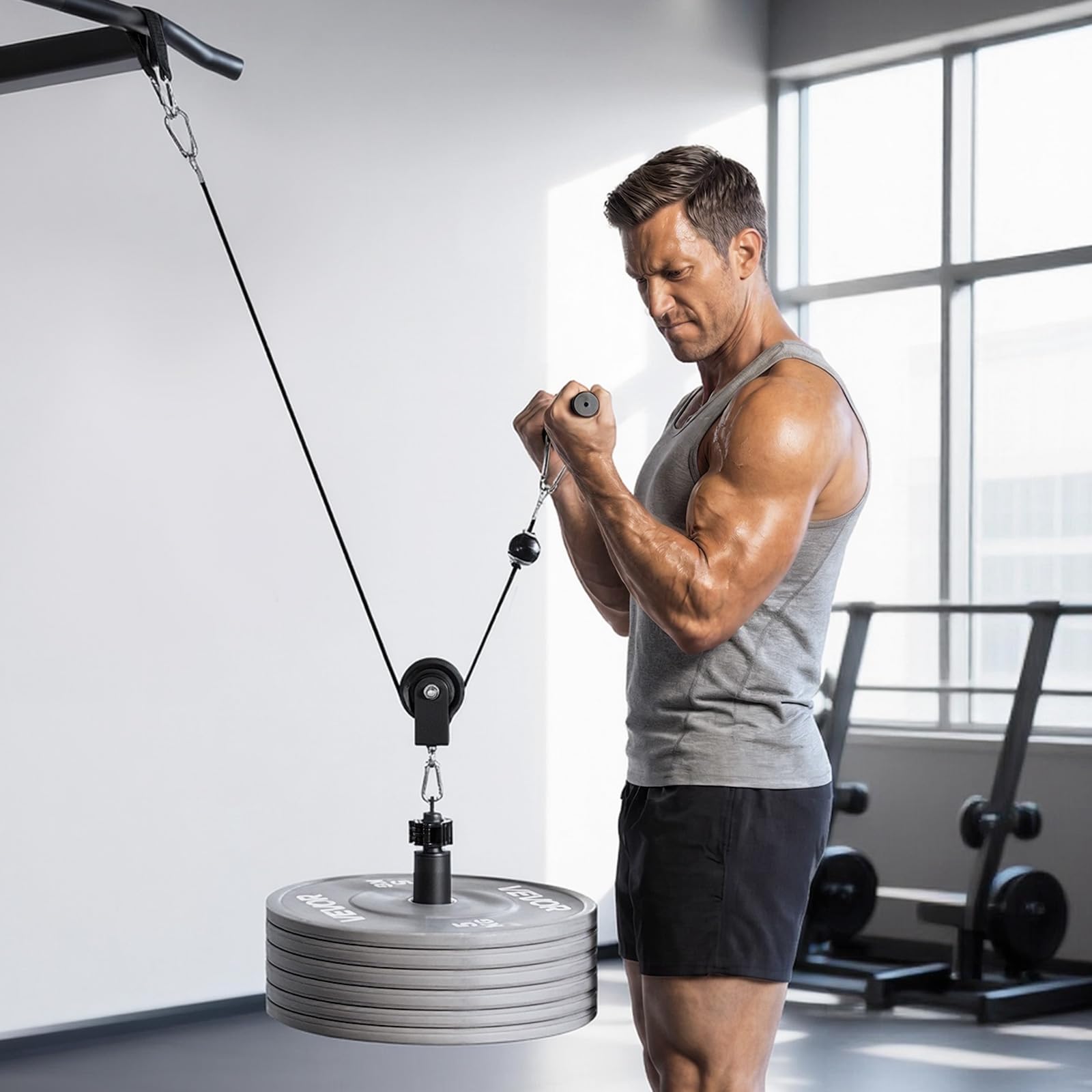VEVOR Poulie Musculation Capacité 127 kg, Système de Poulies pour Fitness avec Barre Courte et Poignée à Corde, pour Extensions de Triceps Biceps Dos et Épaules, Accessoire pour Station de Musculation