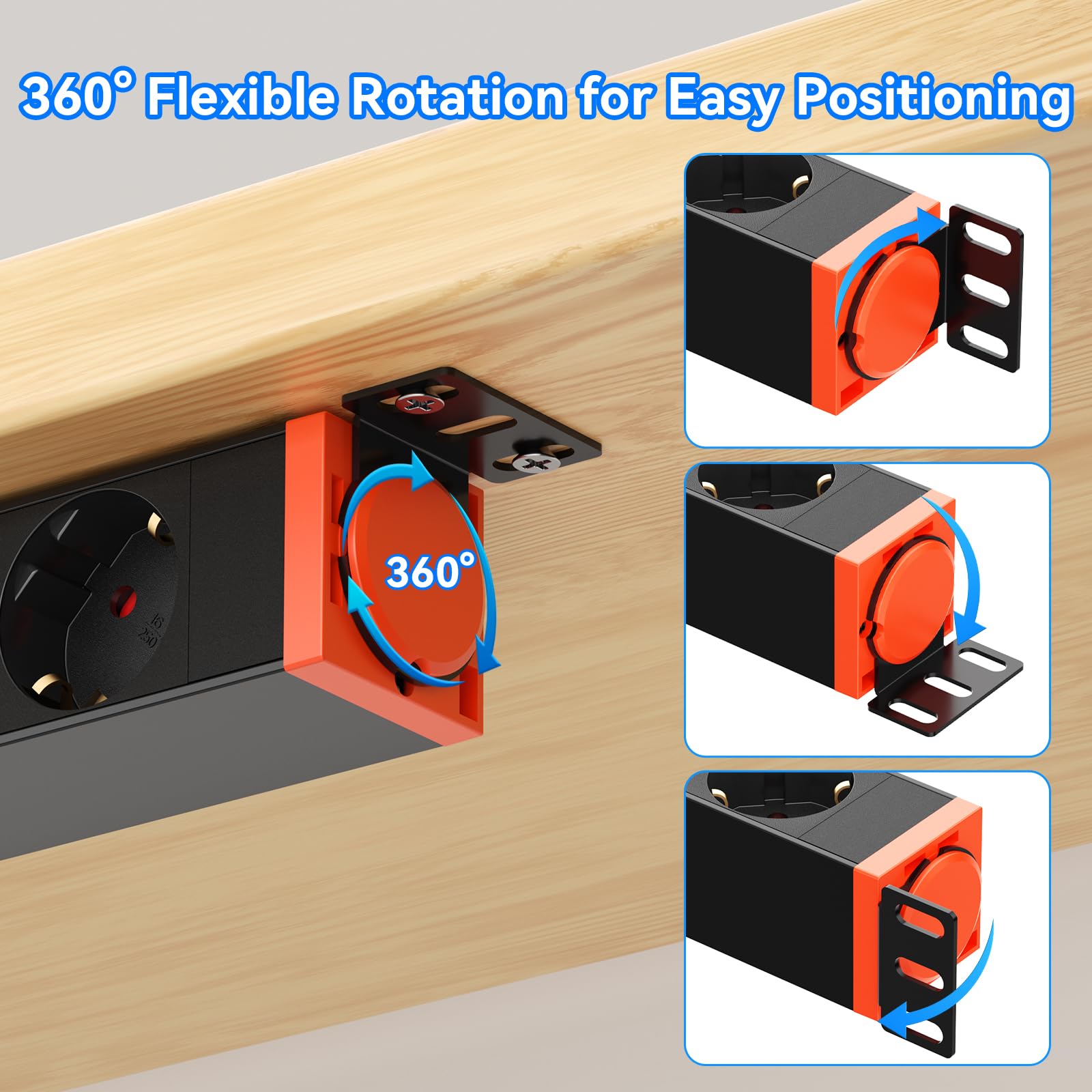 Regleta 10 Tomas con protección contra sobretensiones, Soporte 360° | Tomas a 45°, 16A/4000W, carcasa de aluminio, interruptor, cable 1,8 m, montaje en mesa, pared y bajo mesa