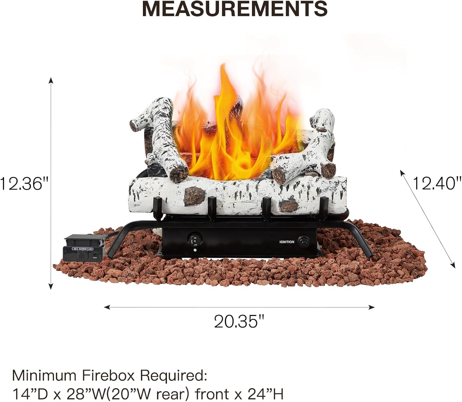 Diagram showing the dimensions of the fireplace logs set
