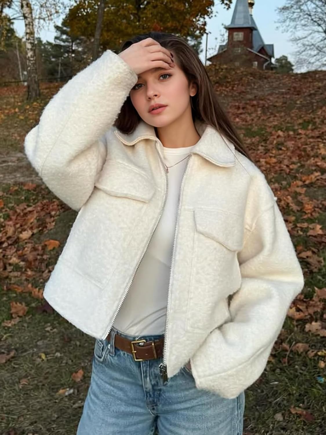 hathne Women's Wool Coat Casual Copped Bomber Jacket Zip Up Fall Shacket Coat Outerwear with Pockets - Image 7