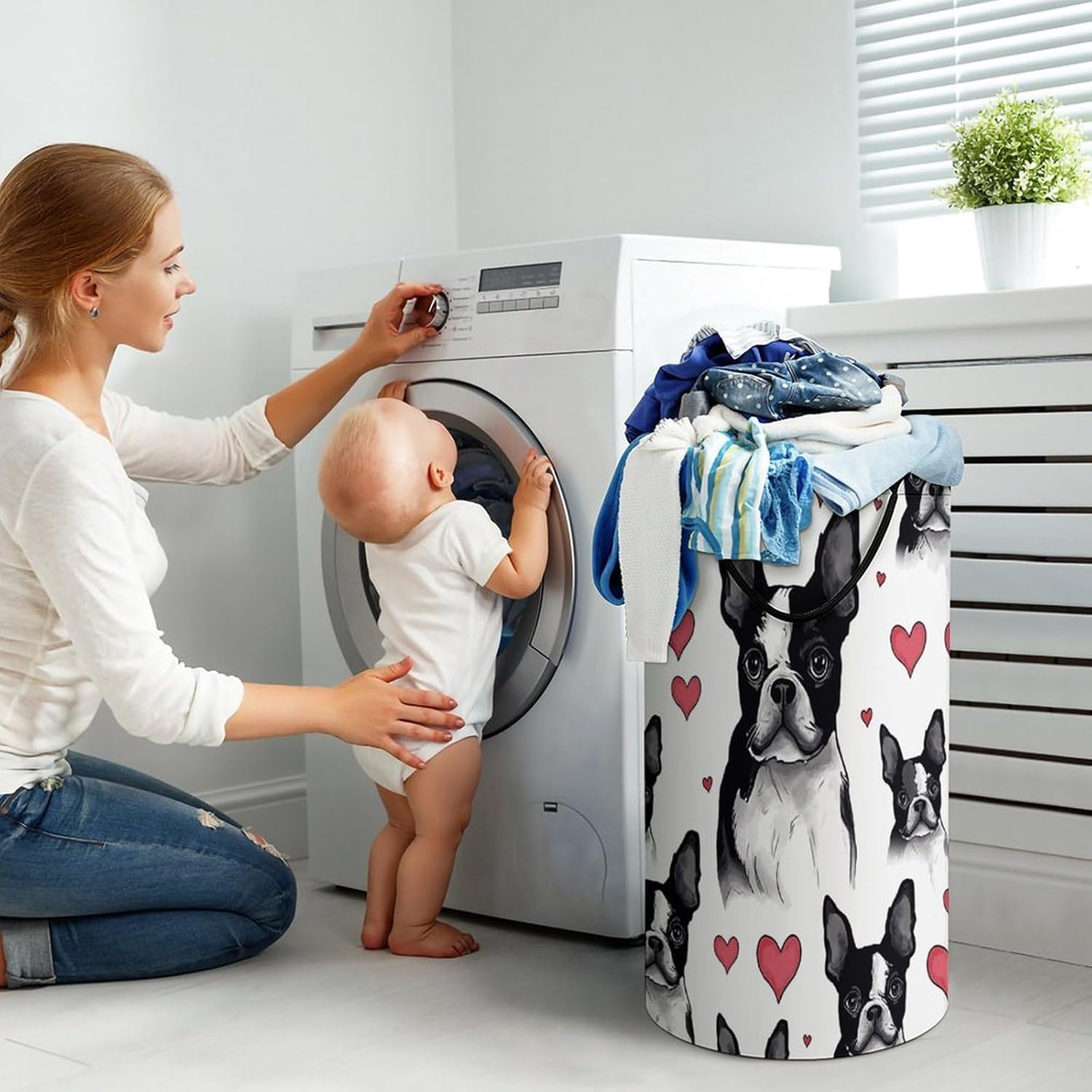 Boston Terrier Red Heart Dog Laundry Hamper Foldable Clothes Storage Basket Fashion Clothes Hampers with Handles Waterproof Large Dirty Laundry Hamper for Bathroom Bedroom