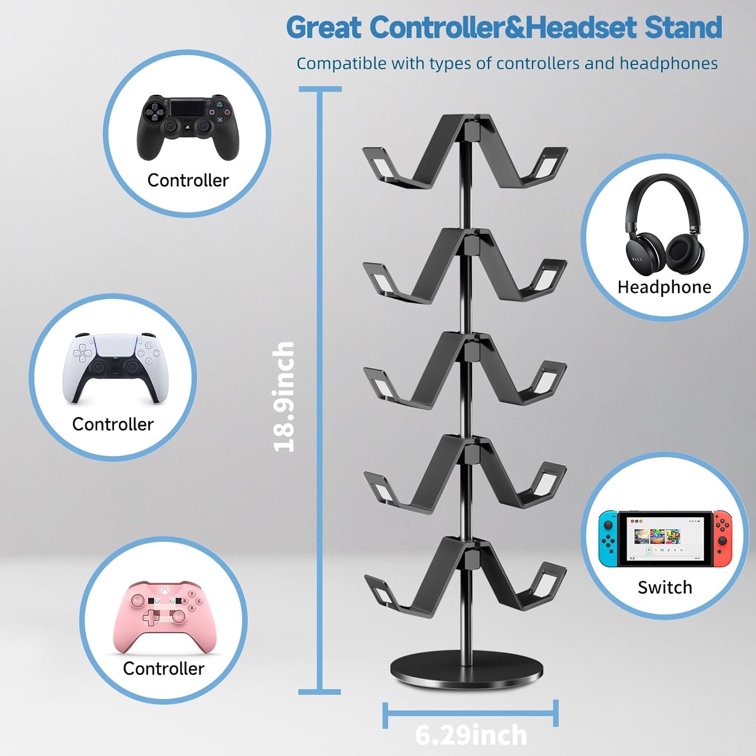Controller Stand,5 Tier Controller Headphone Holder for Universal Headsets and Controllers,Black - Image 3