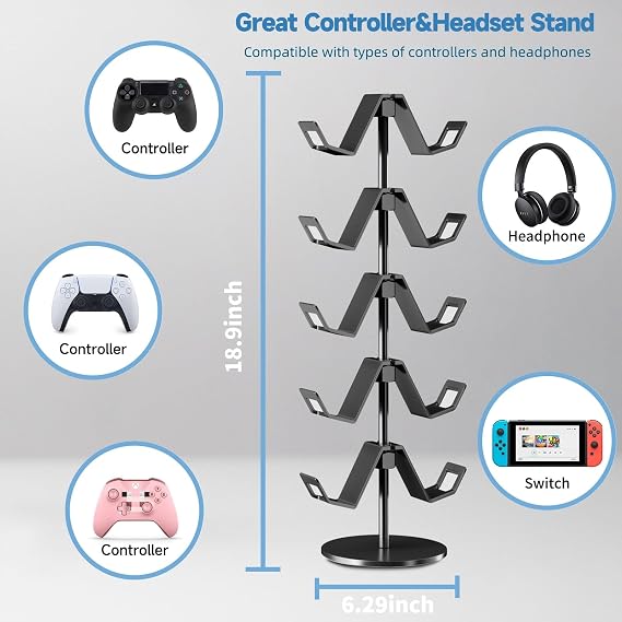 Controller Stand 5 Tier and Controller Holder Wall Mount 3 Pack Kit,Premium Controller Headphone Holder Set for Gamer