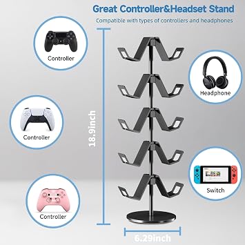 Controller Stand 5 Tier and Controller Holder Wall Mount 3 Pack Kit,Premium Controller Headphone Holder Set for Gamer