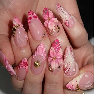 French Tip Press on Nails Medium Almond Fake Nails Pink Nails Press Ons Flower False Nails with Gold Rhinestones Design Glossy Full Cover Glue on Nail Acrylic Stick on Nail for Women Decorations 24Pcs