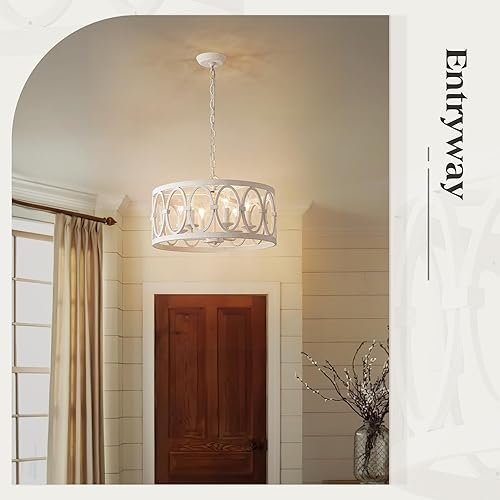 Miniatura 3 de Lámpara de araña antigua de granja para comedor, isla de cocina, 6 luces, candelabros colgantes de tambor, metal blanco envejecido, accesorios de