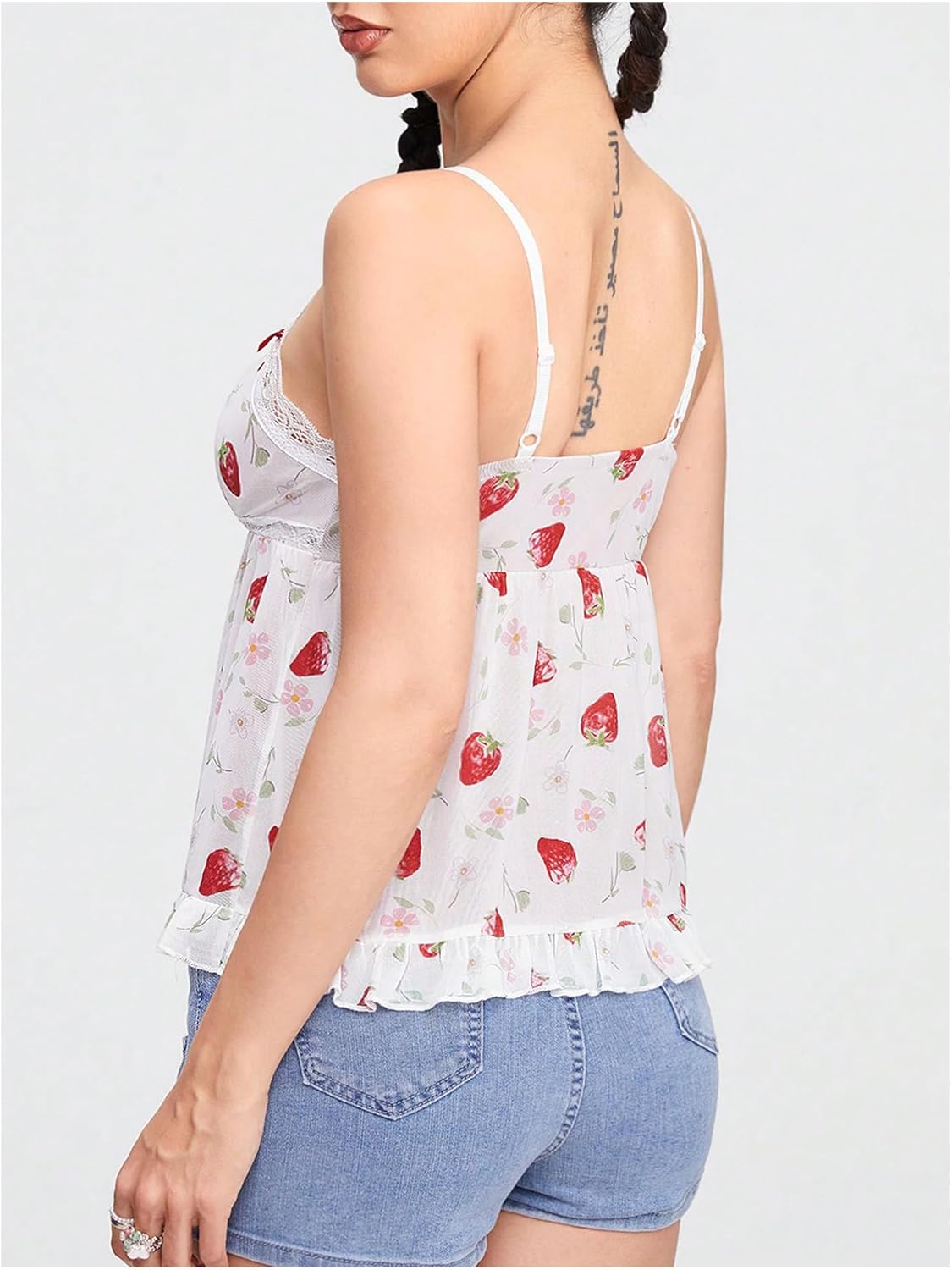 SHENHE Women's Lace Trim Strawberry Print Cami Top Kawaii Babydoll Tank Tops Camisole - Image 2