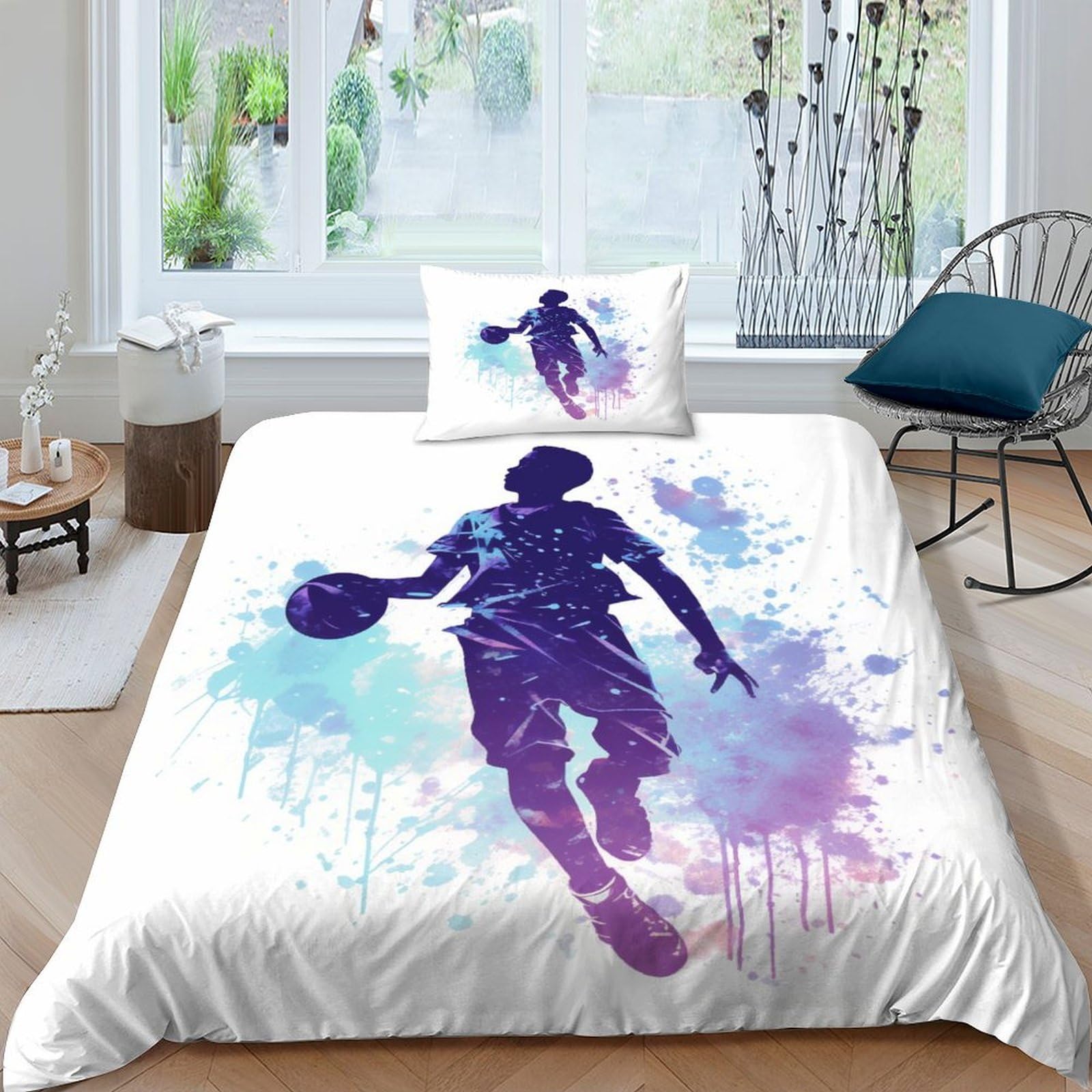 Basketball Players Bedding Set Duvet Cover Soft Microfiber Hidden Zipper Quilt Cover with Basketball 3D Print Design for Kids Teenagers Adult 3 Pcs Single（135x200cm）