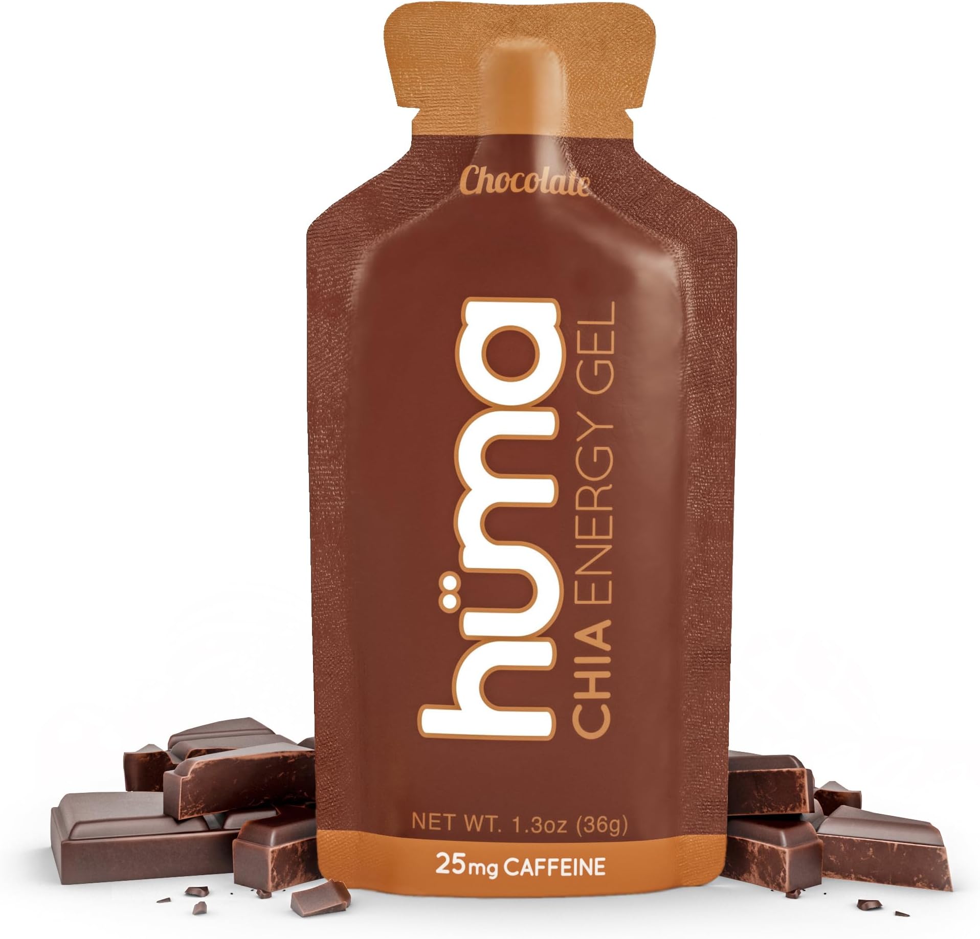 Huma Chia Energy Gel - Chocolate - 24 count x 36g - 25gr Carbs, 110mg Sodium, 1x Caffeine, 25mg Caffeine, 100% All Natural, Vegan, Gluten Free