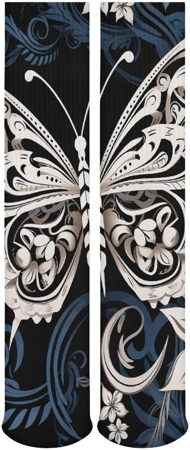5-Pack Knee High Socks, 15.7 Inch Breathable Casual Socks White Butterflies And Tribal Stockings for Men Women
