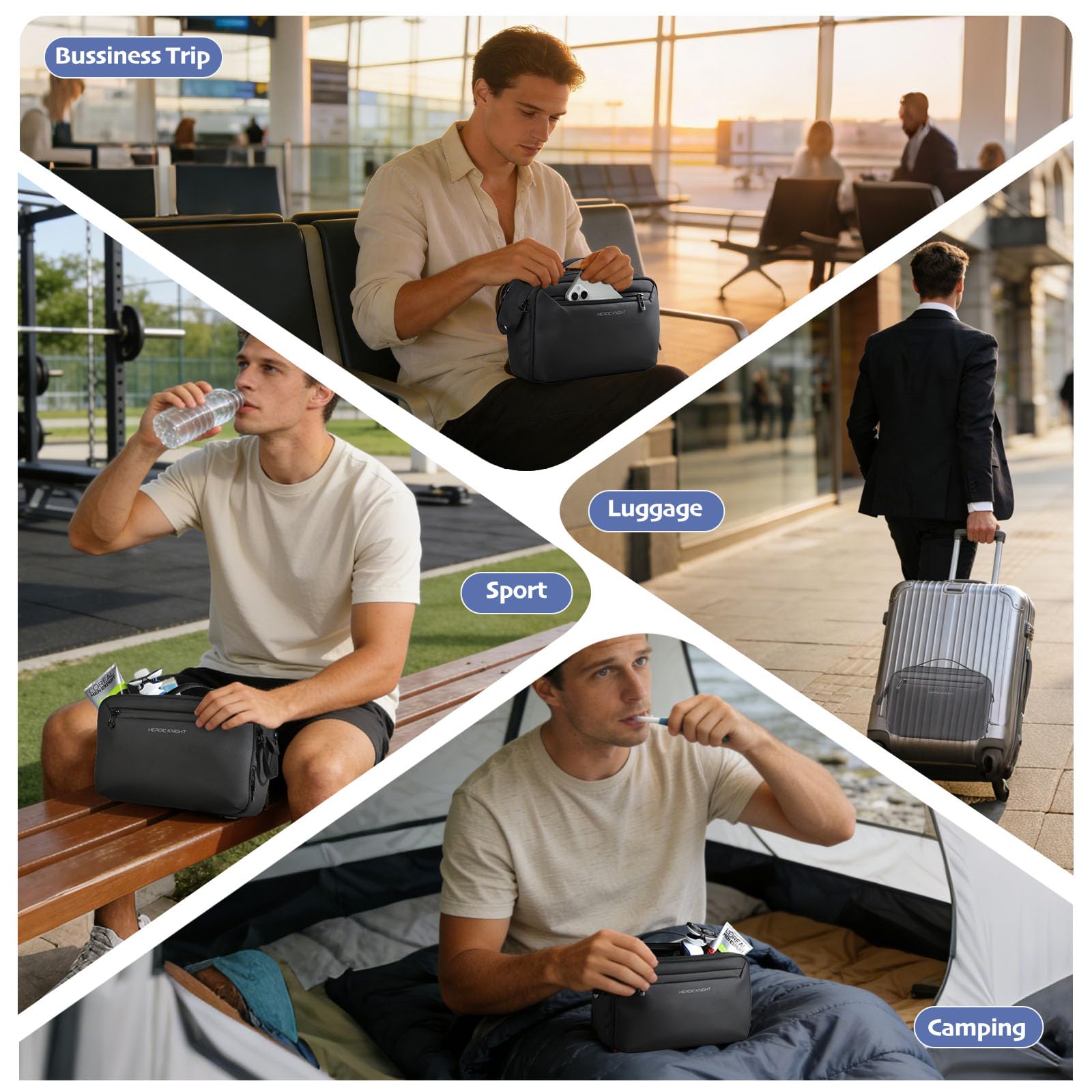Neceser Hombre Viaje Impermeable, Bolsa de Aseo Grande con Apertura 180° Neceser Colgante con Compartimento Húmedo Separado, Organizador de Artículos de Tocador 1800D Oxford para Viaje Negocios-Negro