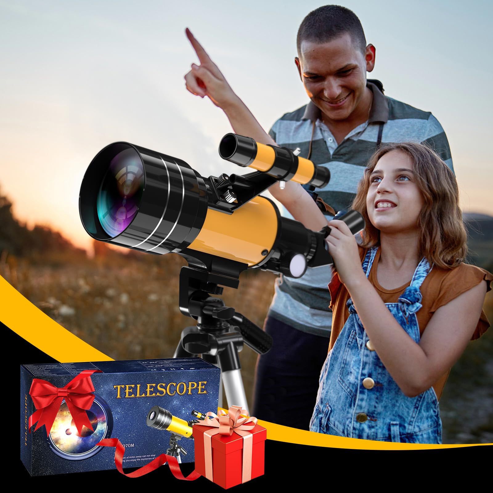 Télescope Astronomique Kit, 400mm/70mm Lunette HD 200X Astronomique Réfracteur, avec Adaptateur de Téléphone Trépied Ajustable et Chercheur pour Débutants, Enfants et Amateurs pour Observer la Lune