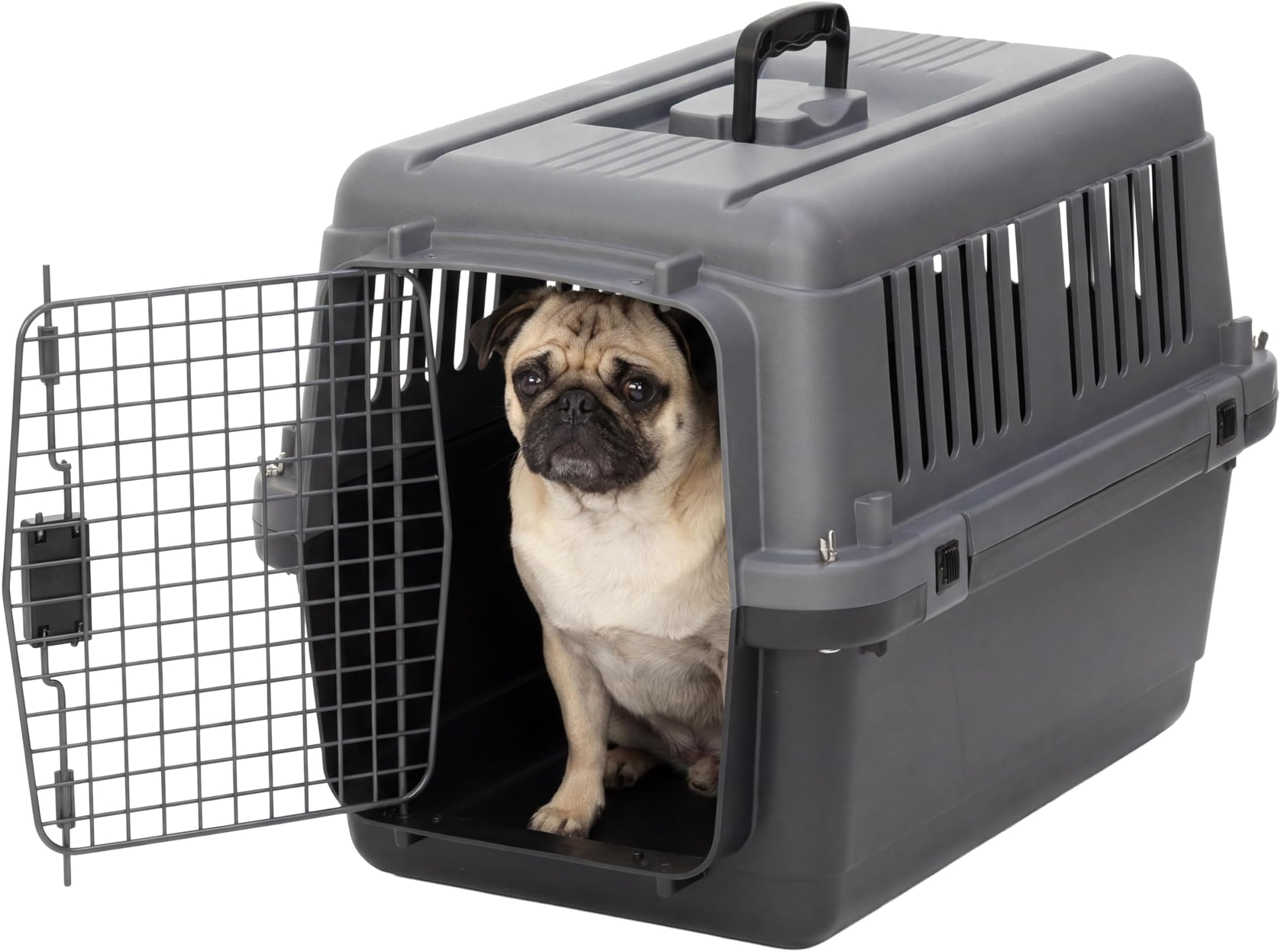 SportPet Airline Approved Wire Door Travel Dog Crate, Durable Plastic Pet Travel Kennel, Secure Latch, Collapsible, Food Bowls & Accessories, Fits Dogs up to 21" L & 13" H - Small - Gray/Black