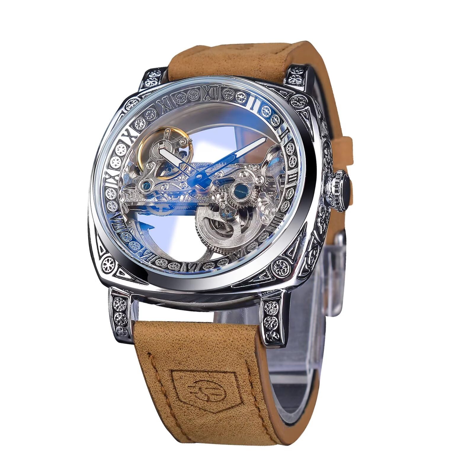 Herren-Armbanduhr, klassisch, modisch, transparent, quadratisches Zifferblatt, Skelett, mechanische Armbanduhr, Lederband, leger, Automatikuhren, leuchtend, wasserdicht