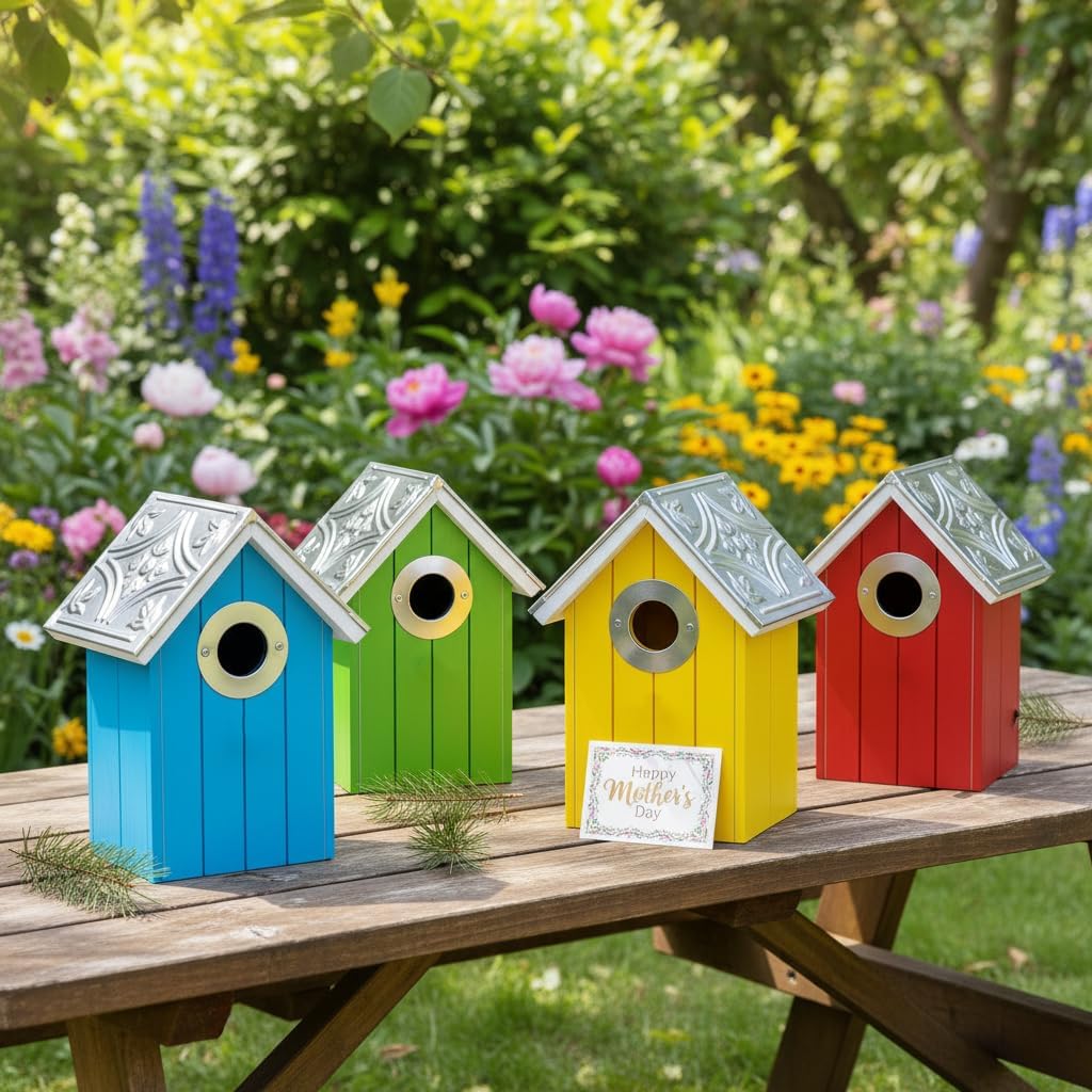 2PK Cedar Bluebird House, Wooden Bird House for Outside, 1.5" Entrance Hole Size, Stainless Steel Entrance Hole Protector, Silver Metal Roof, Colorful Garden Decorative, Pole Mountable (Yellow+Red)