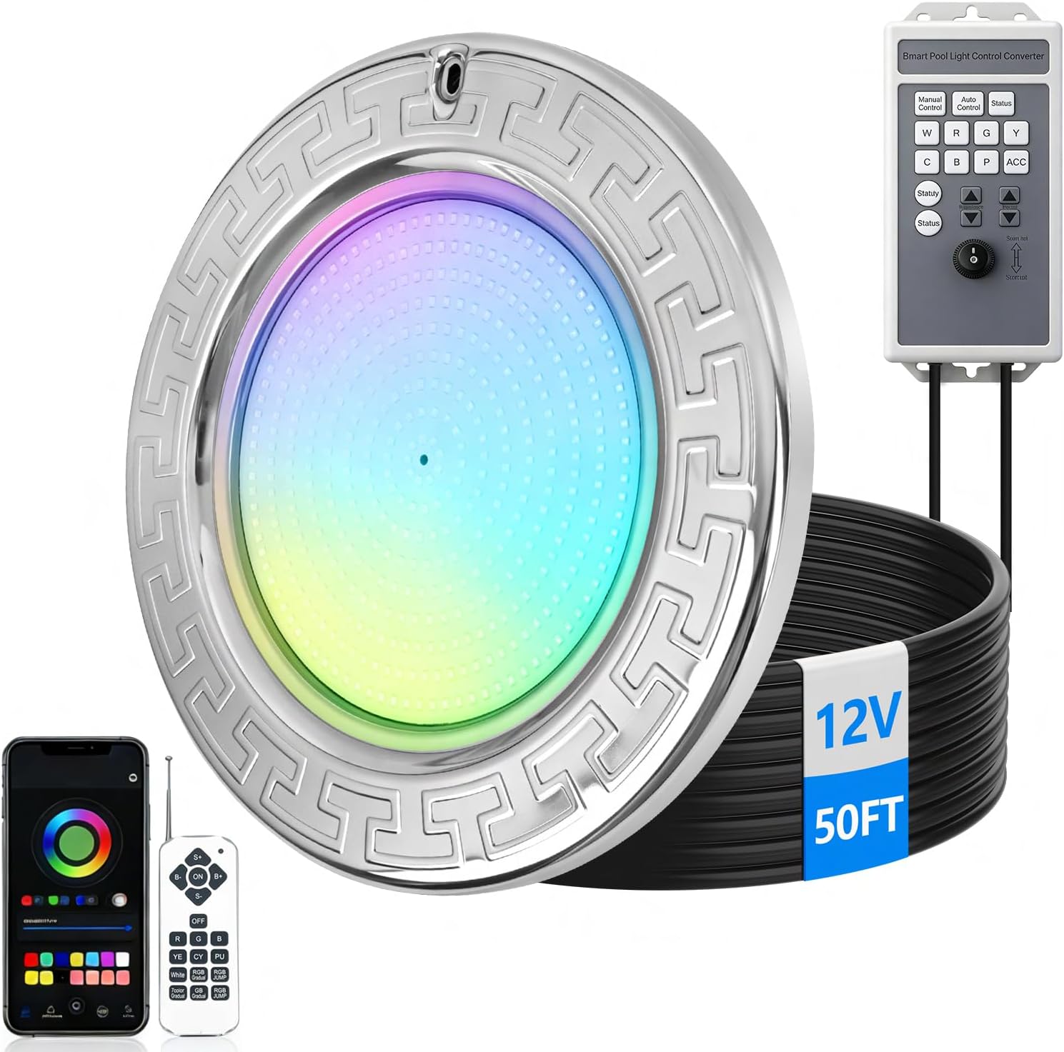 Easyusahome 12V LED Pool Lights for Inground Pool, with 50FT Cord IP68 | 60W 10 Inch Color Changing Underwater Light with Controller, Remote and APP Control, Fits Most 10 Inch Wet Niche