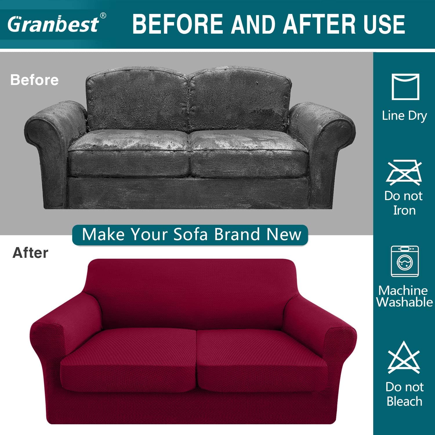 Granbest 3 Piece Stretch Sofa Slipcover Separate Cushion Couch Covers Thick Premium Loveseat Slipcover Jacquard Loveseat Sofa Cover for 2 Cushion Couch Furniture Protector (Medium, Wine Red)