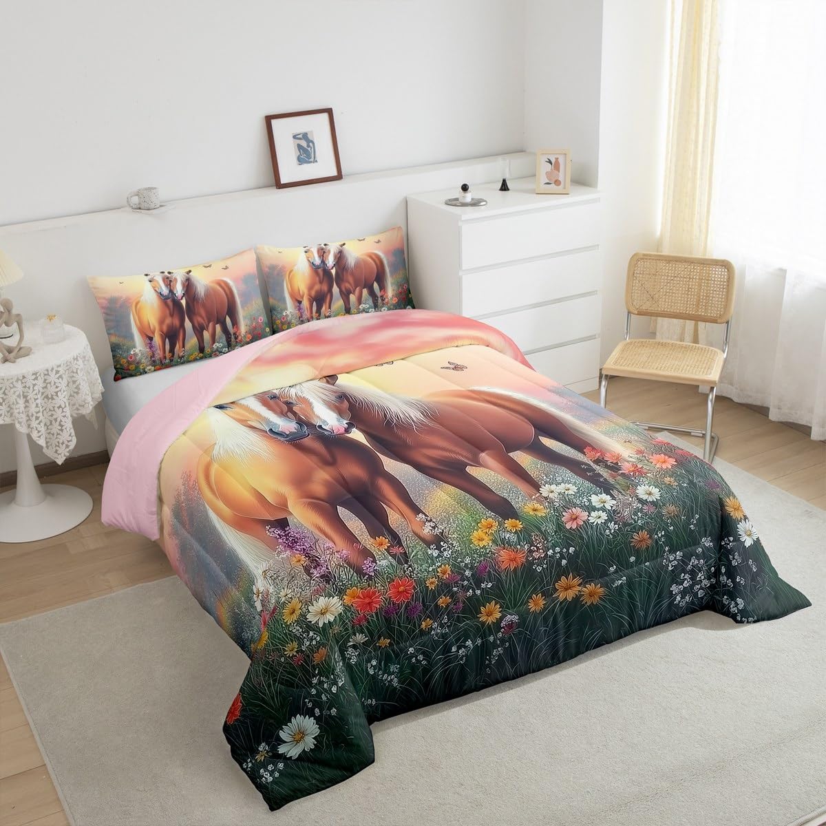 Horse Bedding Sets Toddler Size, Botanical Floral Comforter Set for Kids Adults, Western Cowgirl Bedding Comforter Sets Aesthetic Country Bed Set, Horse Decor for Girls Room (Pink Reversible)
