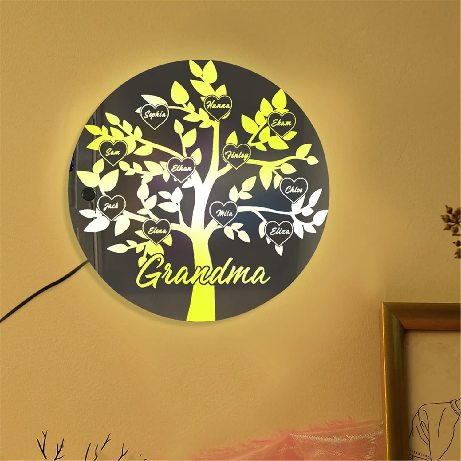 Personalized Family Tree Mirror Led Light Custom 1-15 Family Name Mirror Wall Art Sign with LED Lights Acrylic Grandma Sign for Mother's Day Birthday Gifts for Mom from Daughter Son(Style 3)