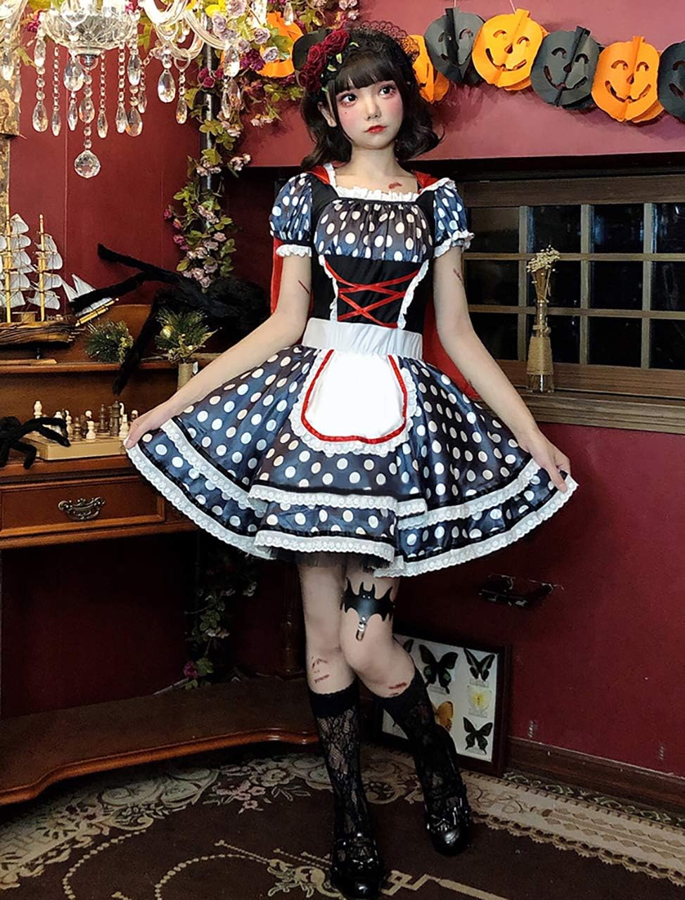 [milky time] 赤ずきん コスプレ ハロウィン ワンピース マントセット ロリータ 大人 ウェイトレス風 ミニ丈 ドット柄