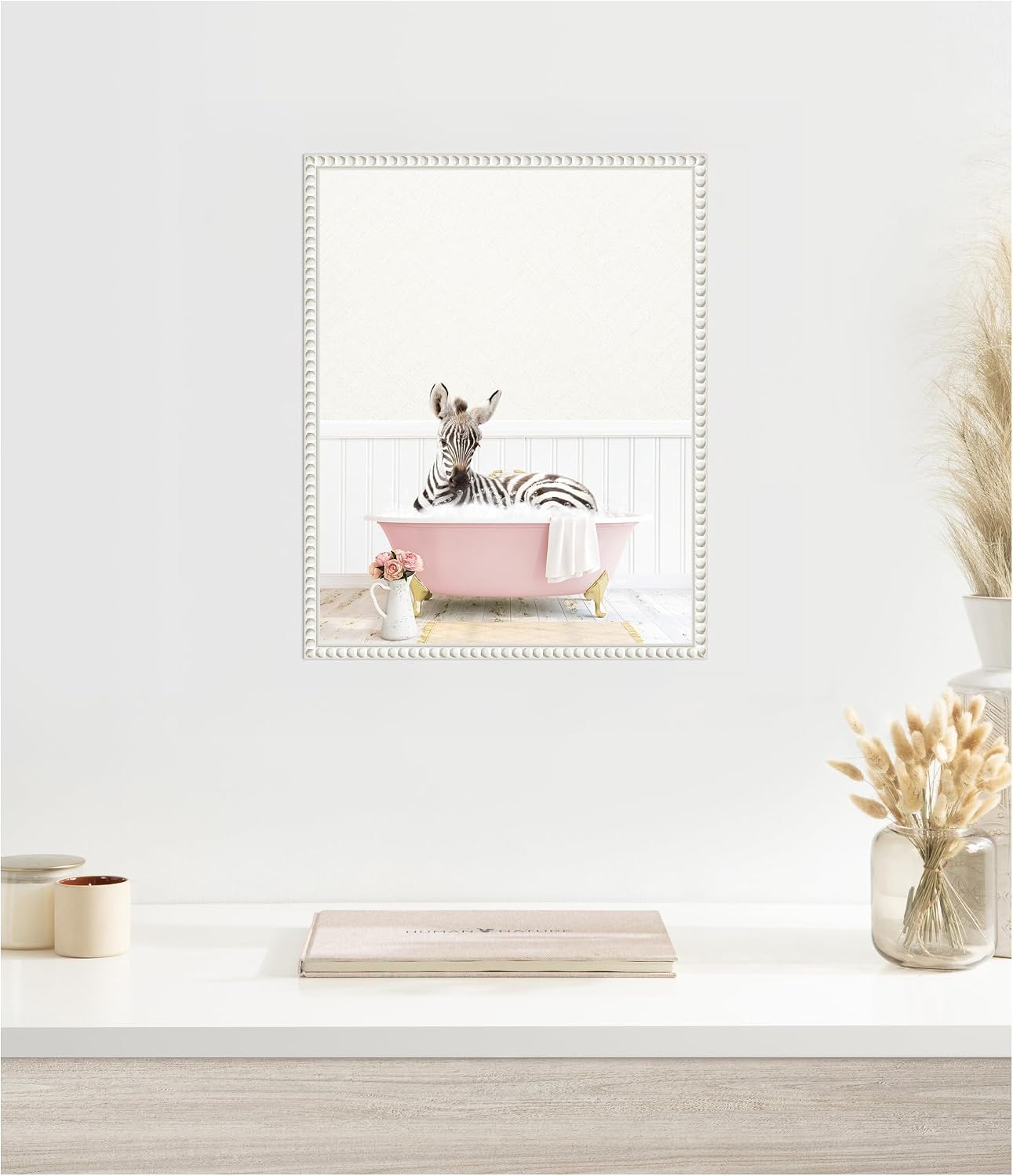 Kate and Laurel Baby Zebra in Cottage Rose Bathtub Framed Canvas Wall Art by Amy Peterson 16 x 20 Sylvie Beaded White, Whimsical, Animals Art for Wall Decor, Living Room, Bedroom