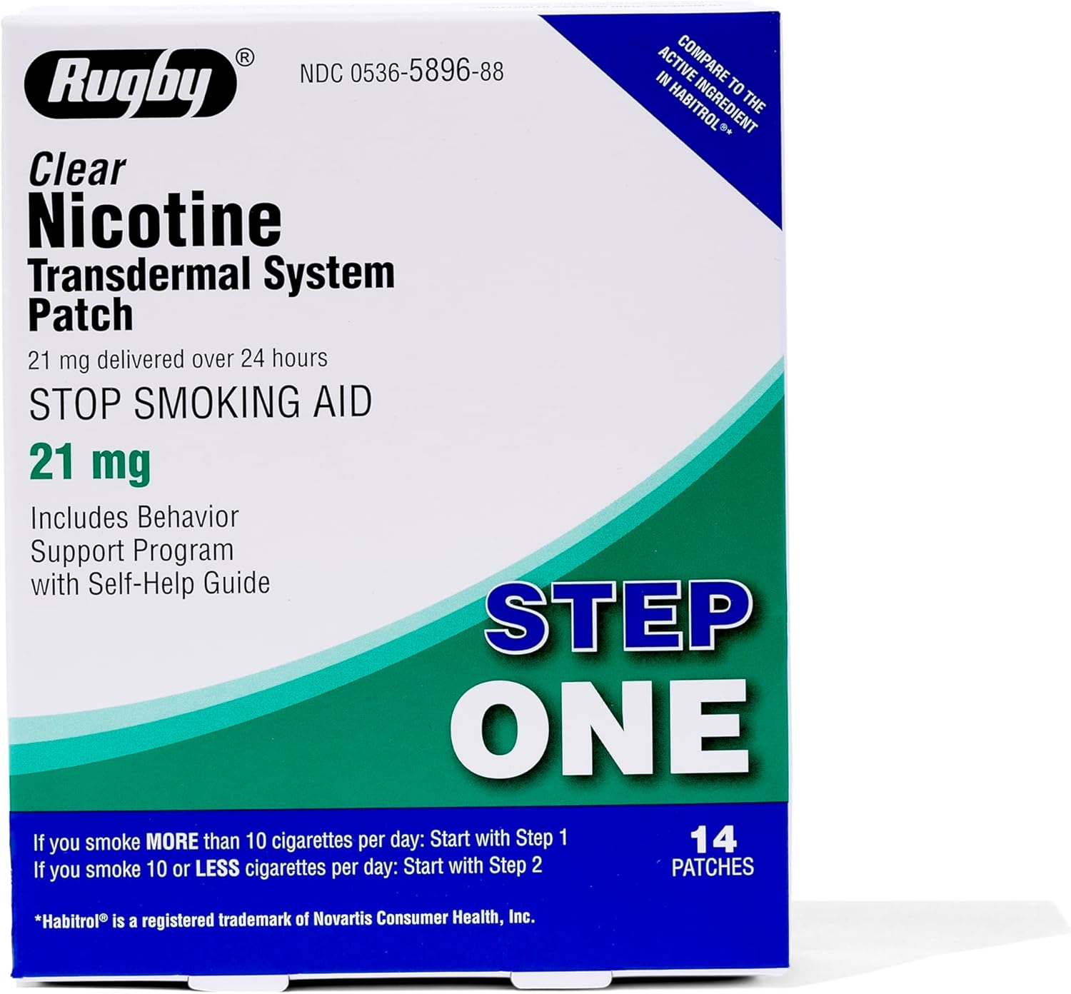 Rugby Clear Nicotine Patches - 21mg Transdermal System Patch - Smoking or Vaping Quitting Aid - Step 1 - 14 Count (1 Pack)