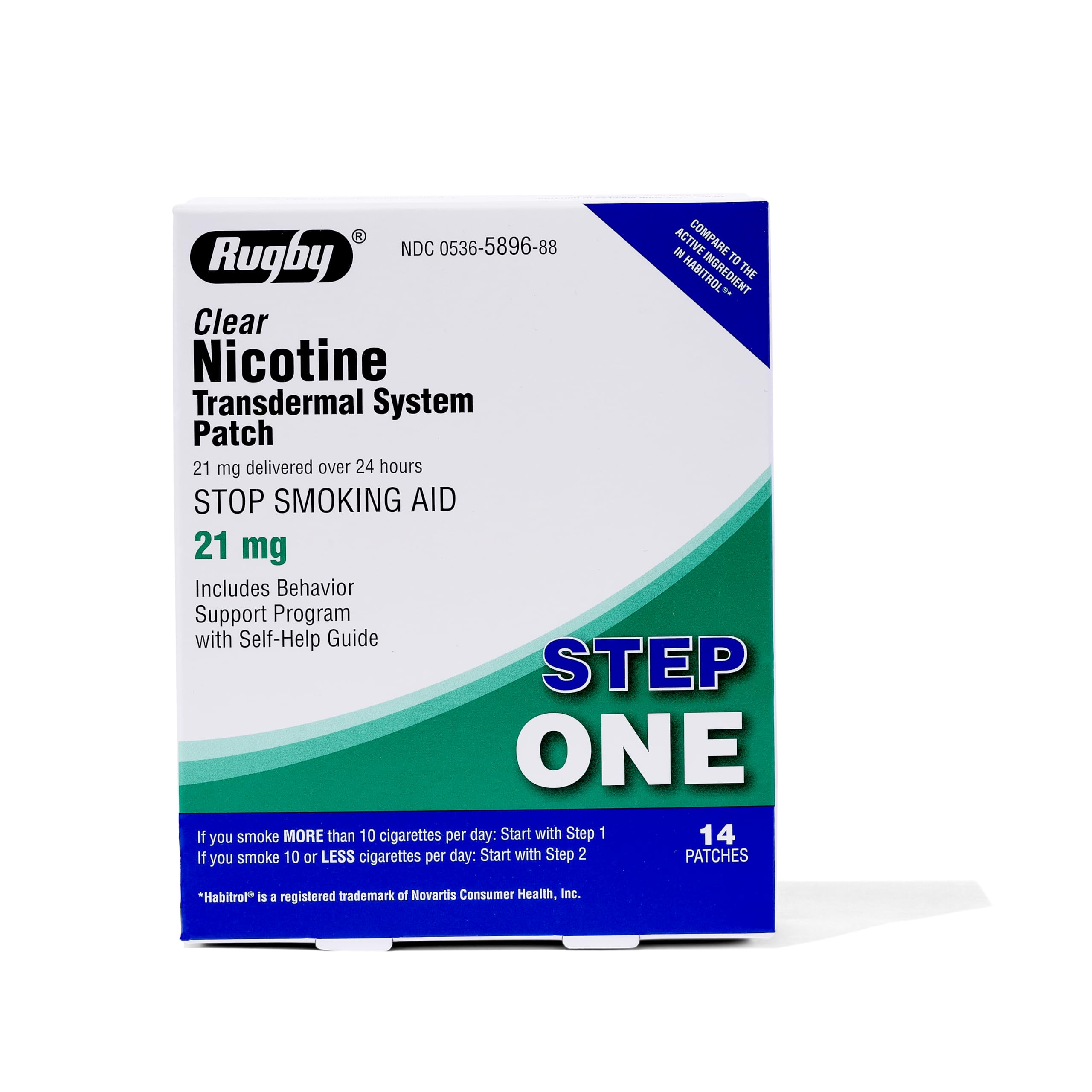 Rugby Clear Nicotine Patches - 21mg Transdermal System Patch - Smoking or Vaping Quitting Aid - Step 1 - 14 Count (1 Pack)