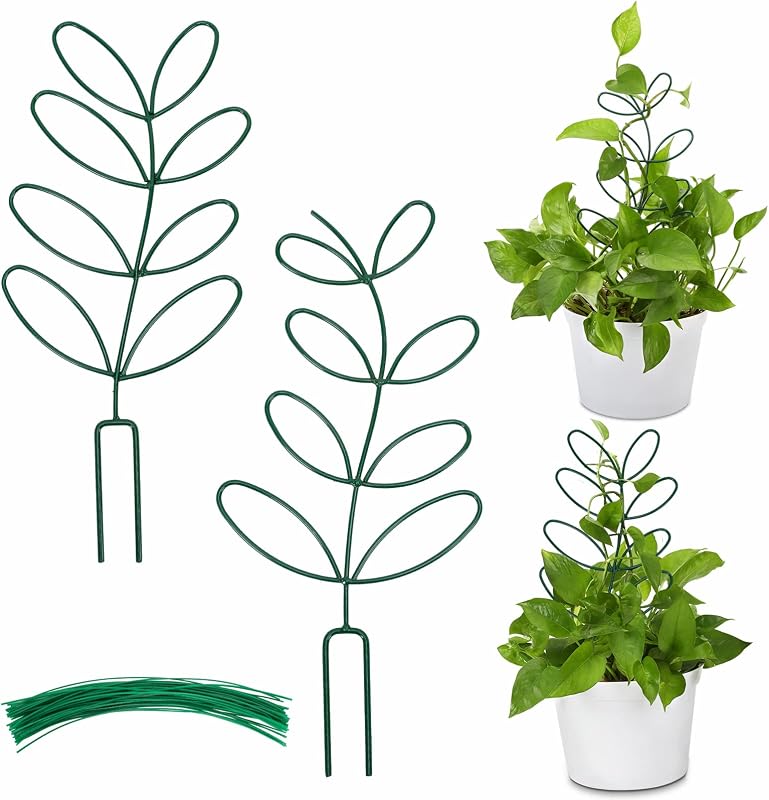 2 Packs Plant Trellis Garden Trellis Plant Stakes Trellis | for Climbing Plants, Indoor Plants Metal Leaf Shape, Plant Support for Houseplants, with 50 Ties Plant Lover Gift (Green)