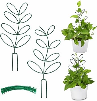 AUGSUN 2 Packs Plant Trellis Garden Trellis Plant Stakes Trellis for Climbing Plants Indoor Plants Metal Leaf Shape Plant Support for Houseplants with 50 Ties Plant Lover Gift Green