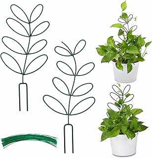 AUGSUN 2 Packs Plant Trellis Garden Trellis Plant Stakes Trellis for Climbing Plants Indoor Plants Metal Leaf Shape Plant Support for Houseplants with 50 Ties Plant Lover Gift (Green)
