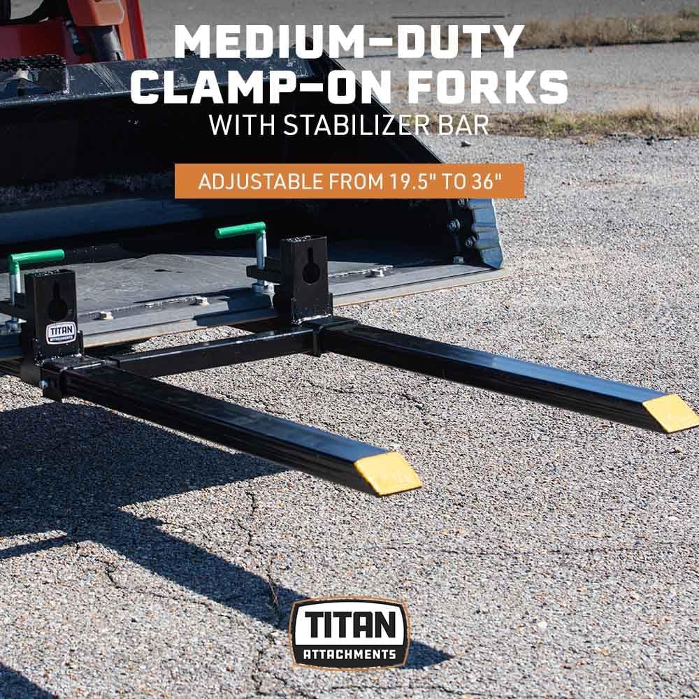 Titan Attachments Medium-Duty 60" Clamp-on Pallet Forks with Adjustable Stabilizer Bar, 46" x 4" Fork Length, Rated 4,000 LB, Easy to Install on Loader or Skid Steer Bucket