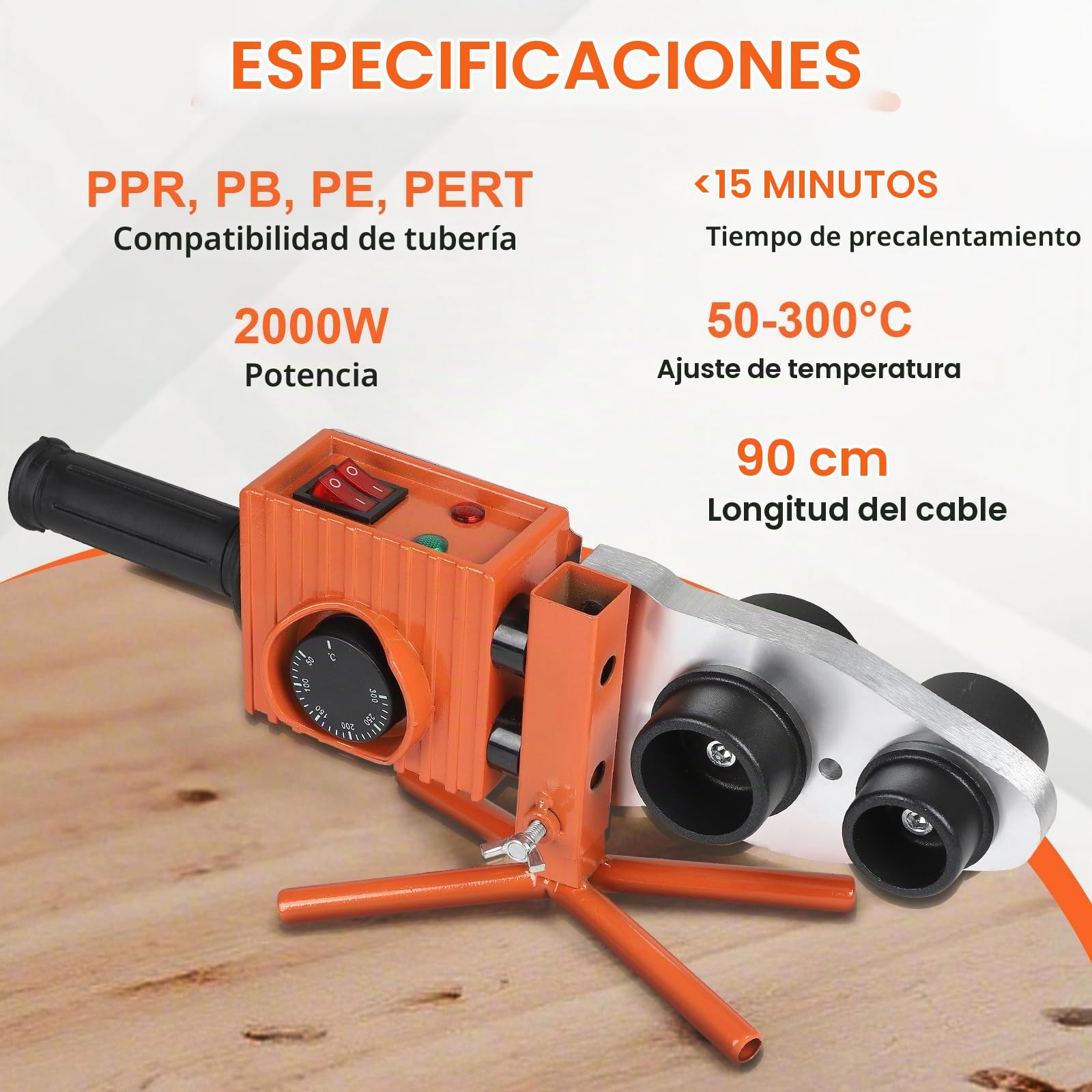 CPROSP Soldador Tubos PE 2000W, Soldadura Polipropileno PPR con 6 Boquillas Calefactoras (Ø20–63 mm), Soldador de Plastico Regulación de Temperatura 0–300°C, para Tubos Plásticos