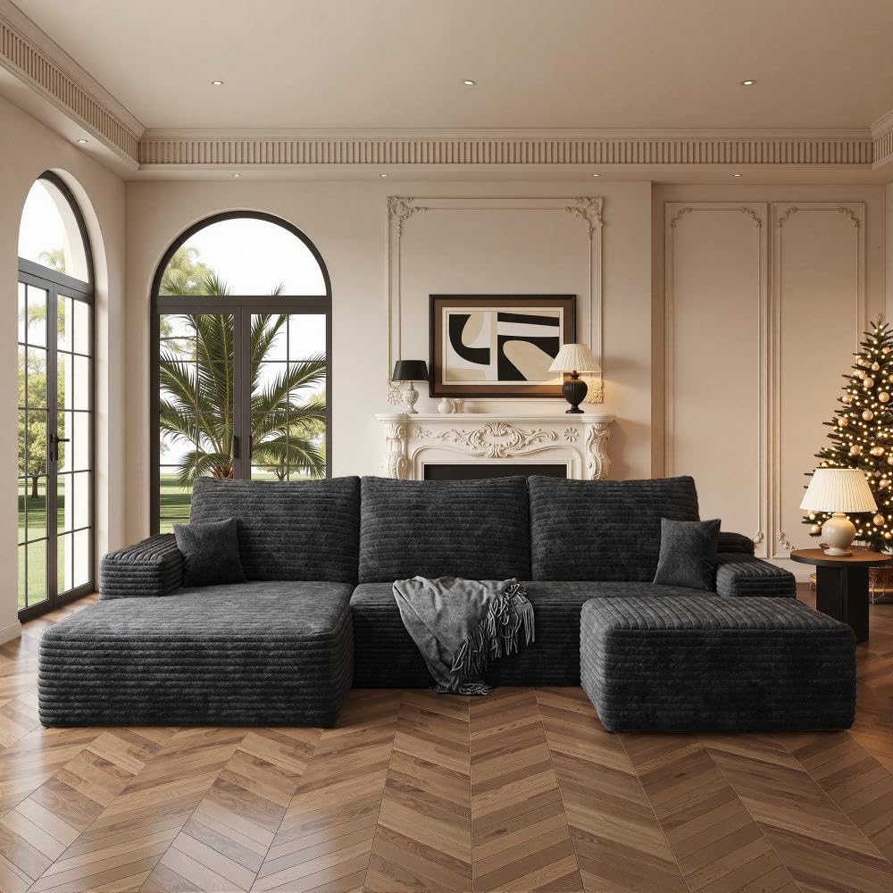 Boneless Couch, Modular Sectional Couches for Living Room, U-Shaped Cloud Couch Sofa with Deep Seat, Fluffy Corduroy Upholstered Corner Sofa