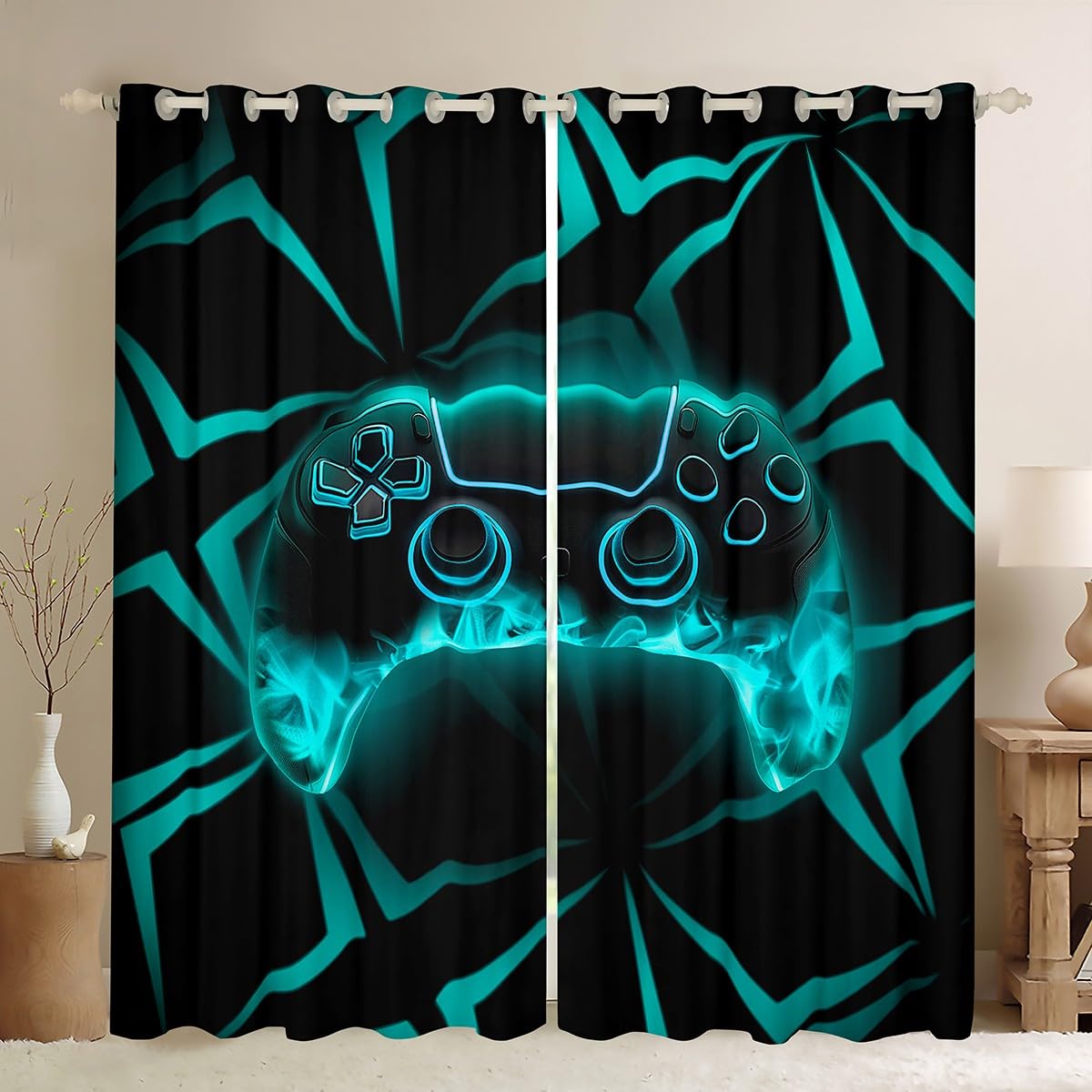 Manfei Gaming Kids Blackout Curtain Aqua Geometric Gamepad Window Drapes for Boy Girls Room Decor, Modern Gamer Console Window Treatments, Grommet Top 2 Panel Set Bedroom Curtains, 66Wx90L inch — image 1
