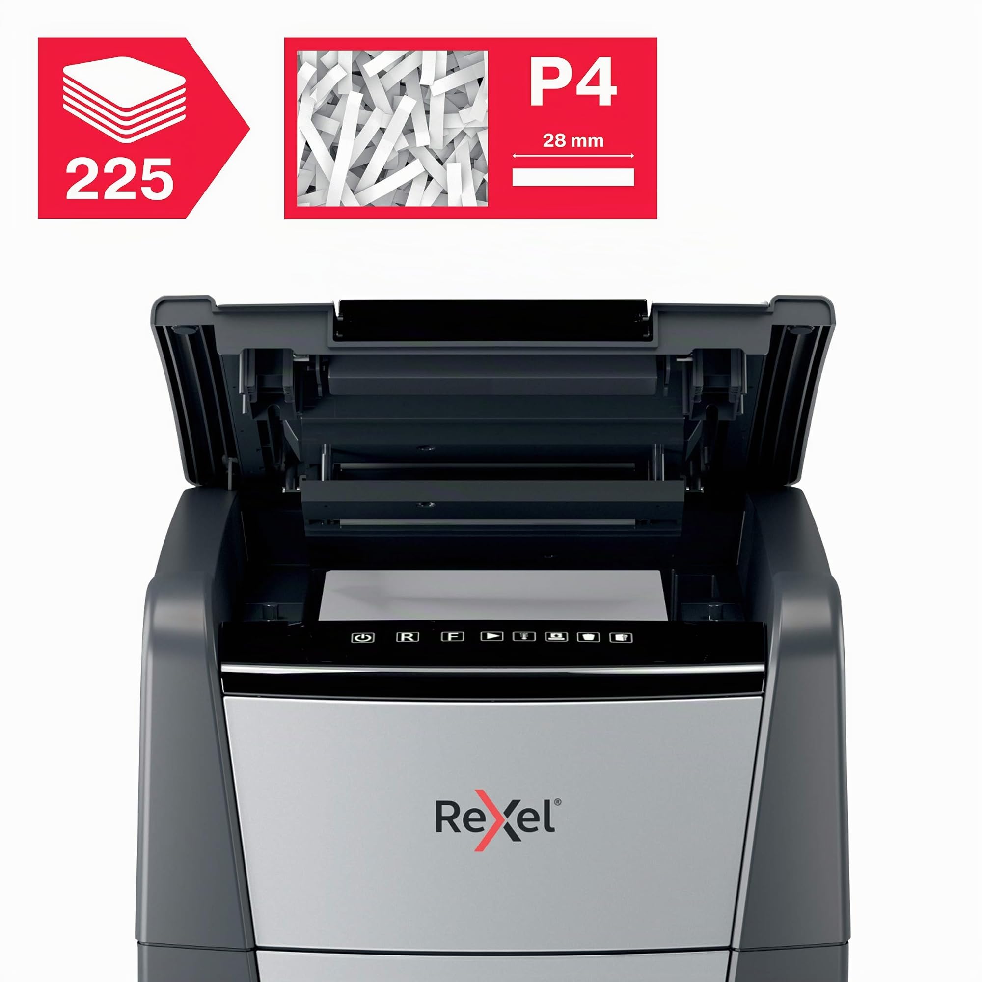 Rexel 2020225XCH - Destructora de Papel Automática CH Optimum AutoFeed+ 225X, 225 Hojas, Nivel de Seguridad P4, Corte de Partículas, para Oficinas y Departamentos, Papelera de 60L